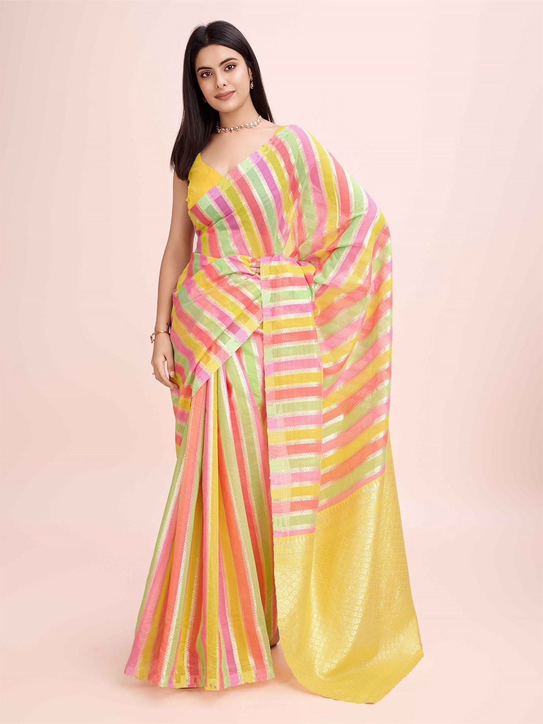 

Fashion Ritmo Striped Pure Cotton Heavy Work Saree, Yellow
