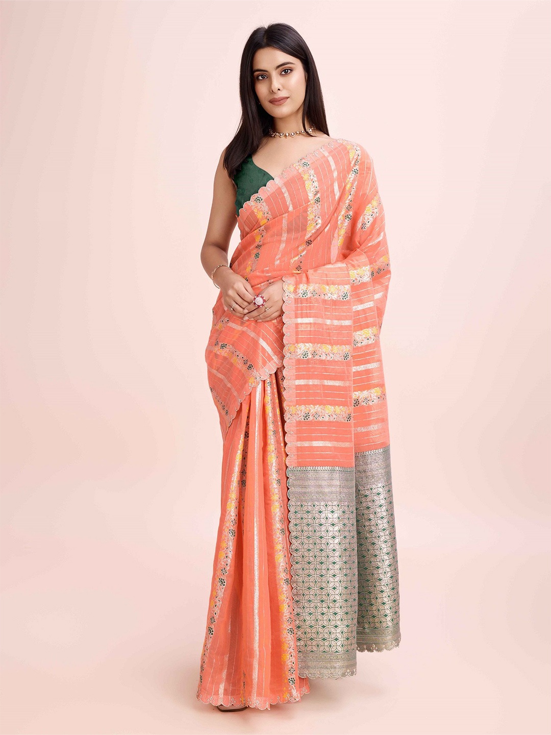 

Fashion Ritmo Striped Pure Cotton Heavy Work Saree, Orange