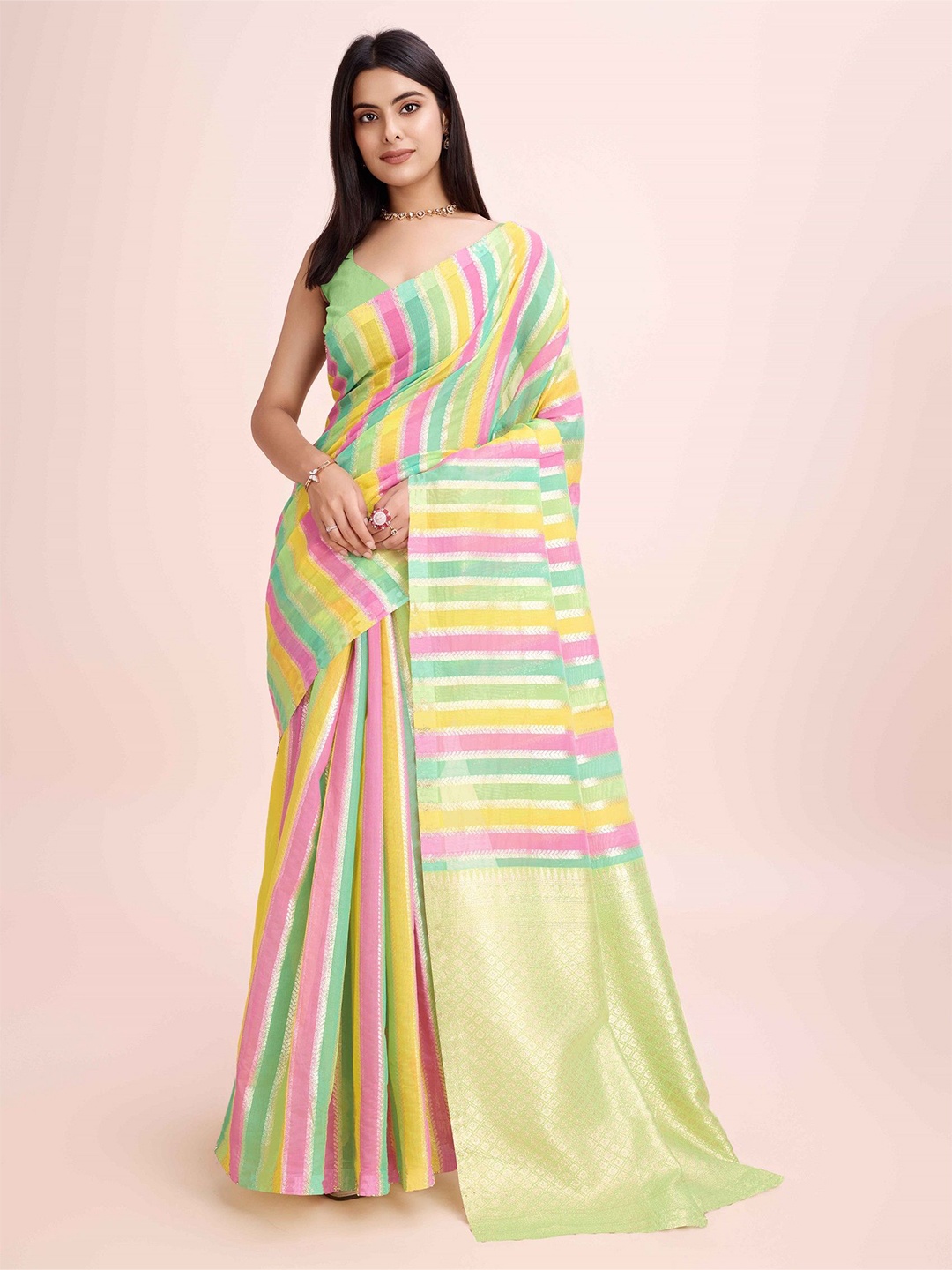 

Fashion Ritmo Striped Pure Cotton Heavy Work Saree, Green