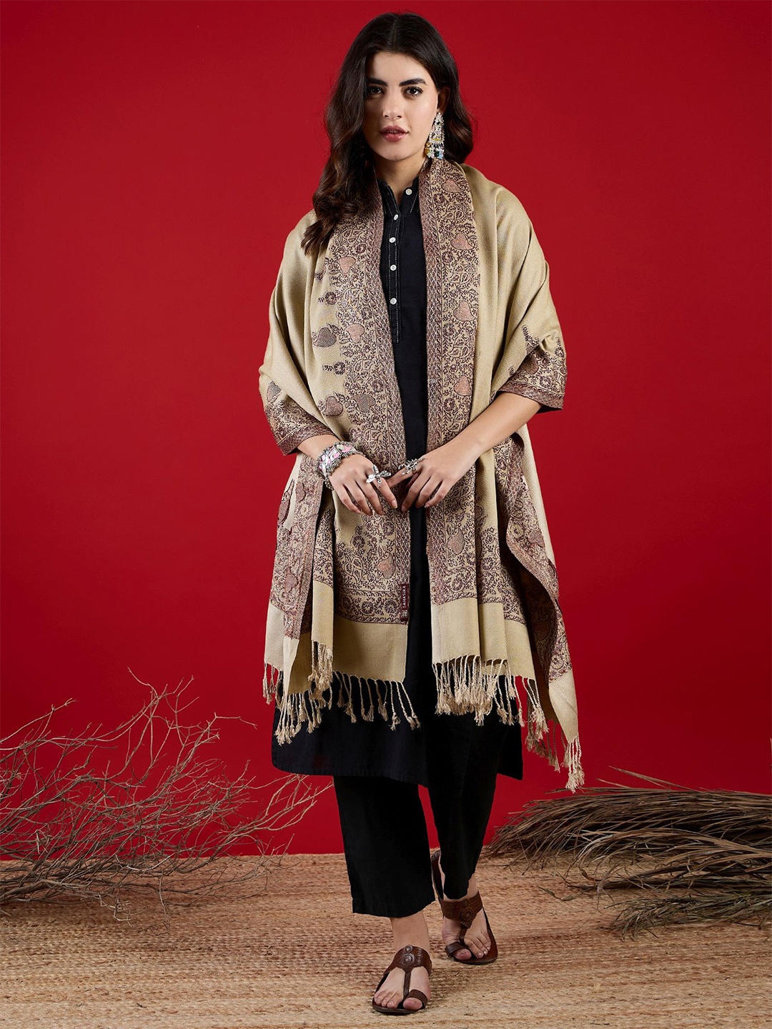 

SAHASIKA Ethnic Motifs Woven Design Shawl, Camel brown