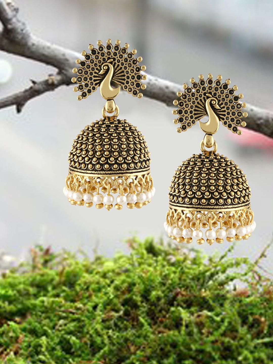 

DIVASTRI Peacock Shaped Jhumkas Earrings, Gold