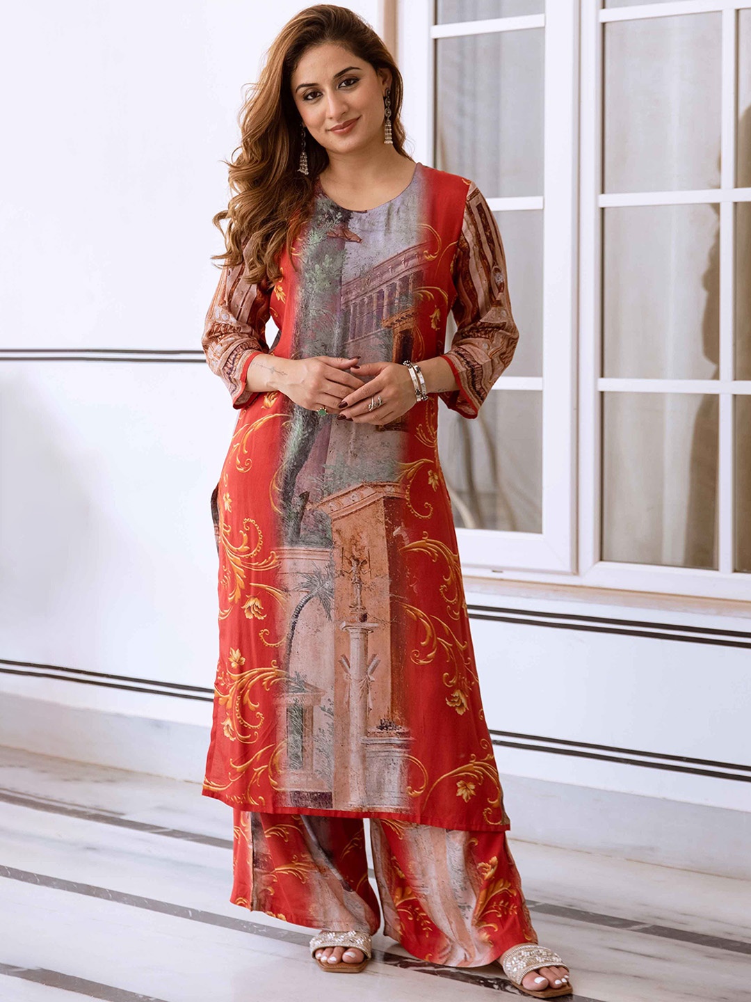 

KALINI Women Printed Regular Kurta with Palazzos, Orange