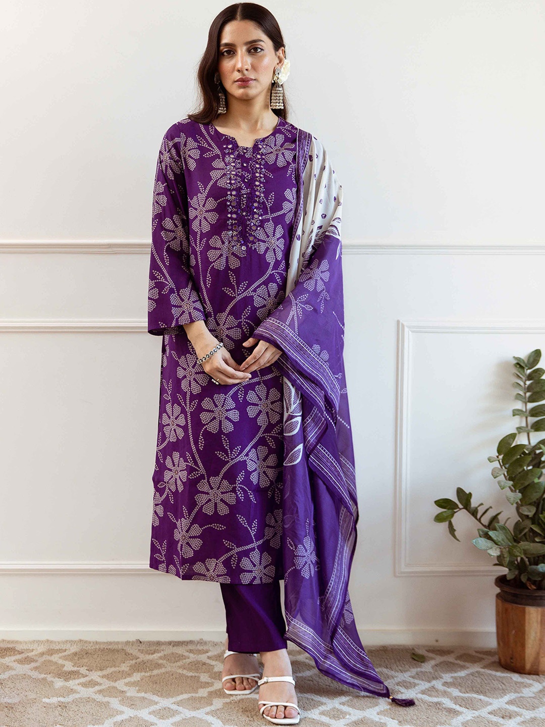 

KALINI Women Bandhani Printed Regular Mirror Work Kurta with Palazzos & With Dupatta, Purple