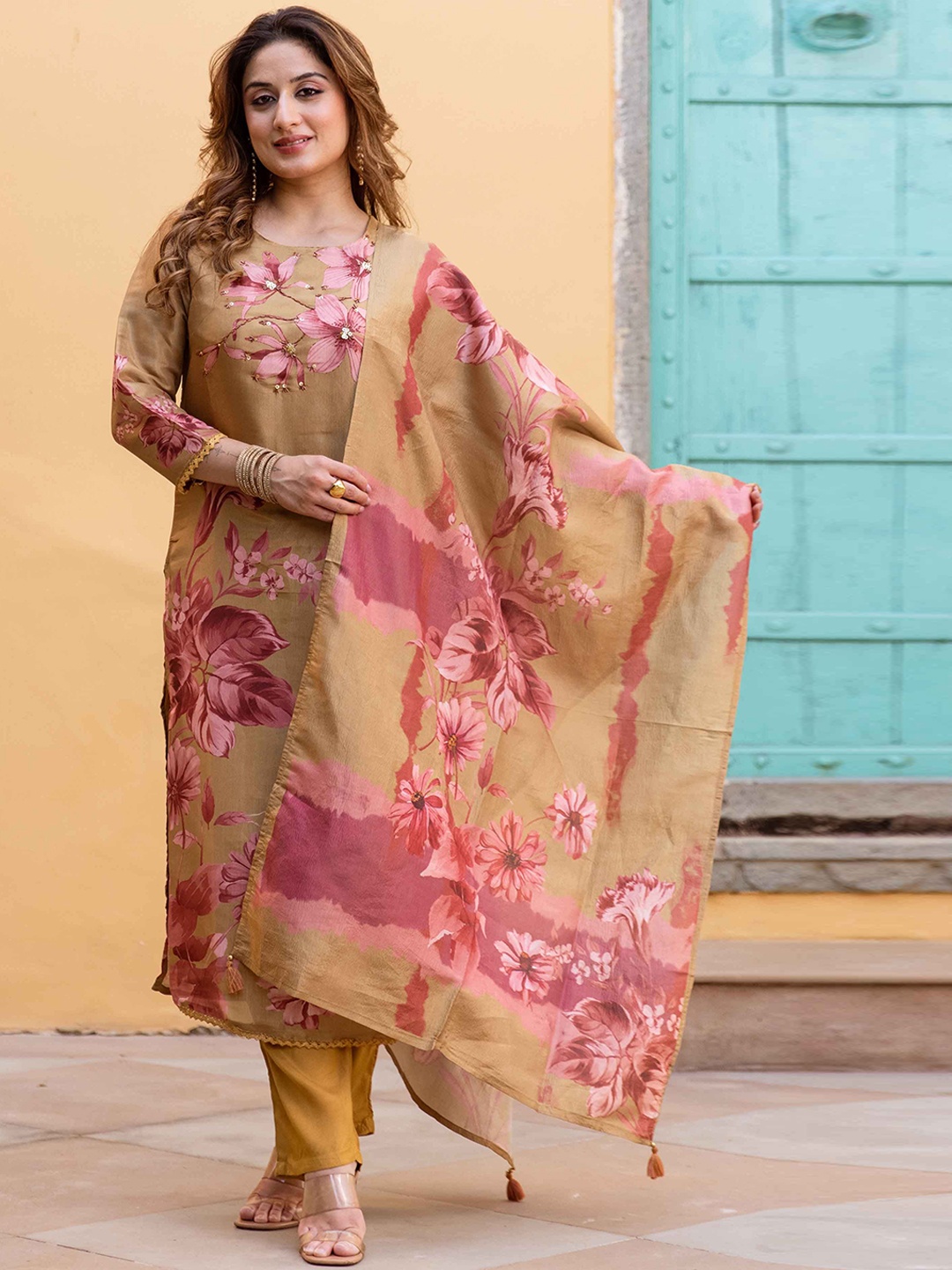 

KALINI Women Floral Printed Regular Sequinned Kurta with Trousers & With Dupatta, Brown