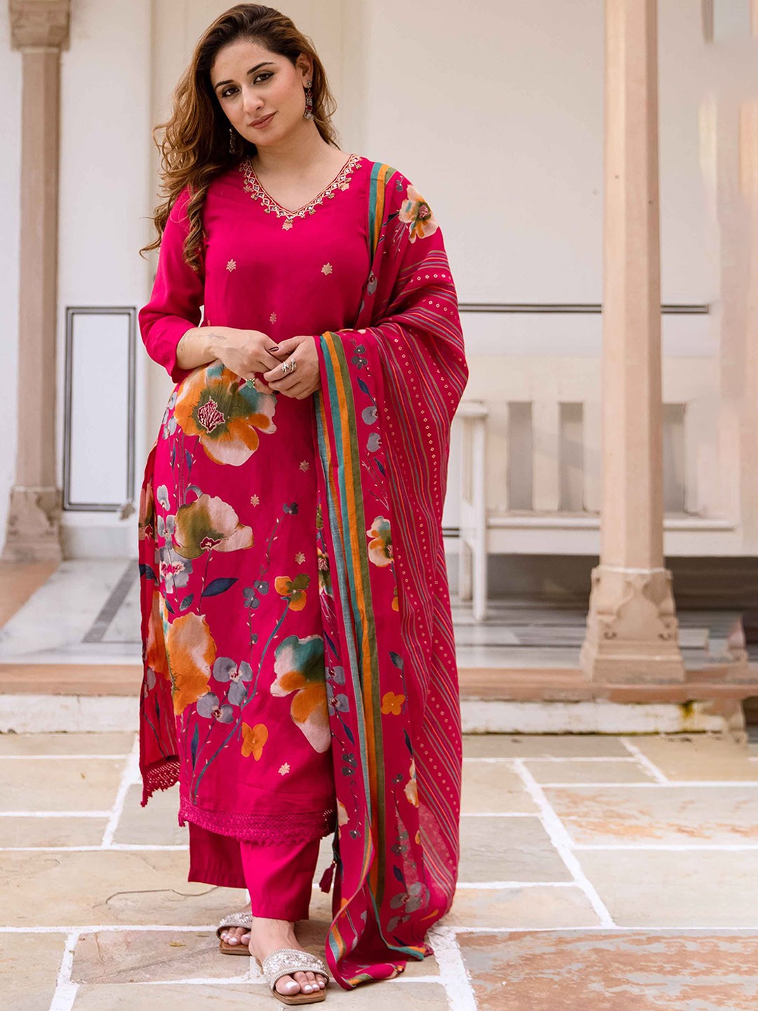 

KALINI Women Floral Printed Regular Mirror Work Kurta with Trousers & With Dupatta, Magenta