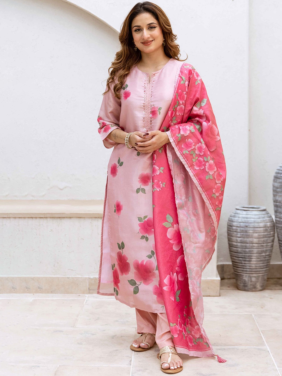 

KALINI Women Floral Printed Regular Sequinned Chanderi Silk Kurta with Trousers & With Dupatta, Peach