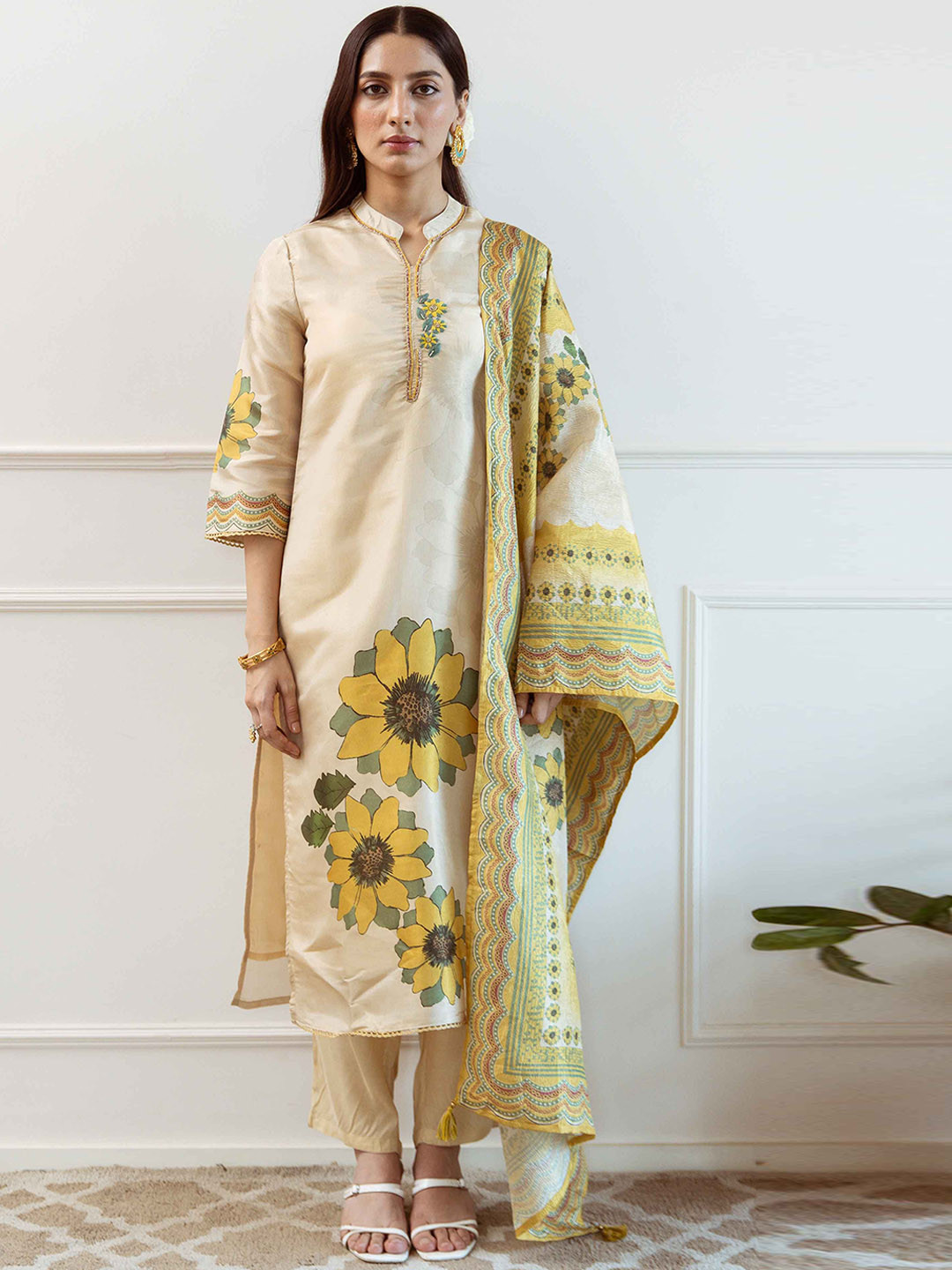 

KALINI Women Floral Printed Regular Sequinned Kurta with Trousers & With Dupatta, Beige