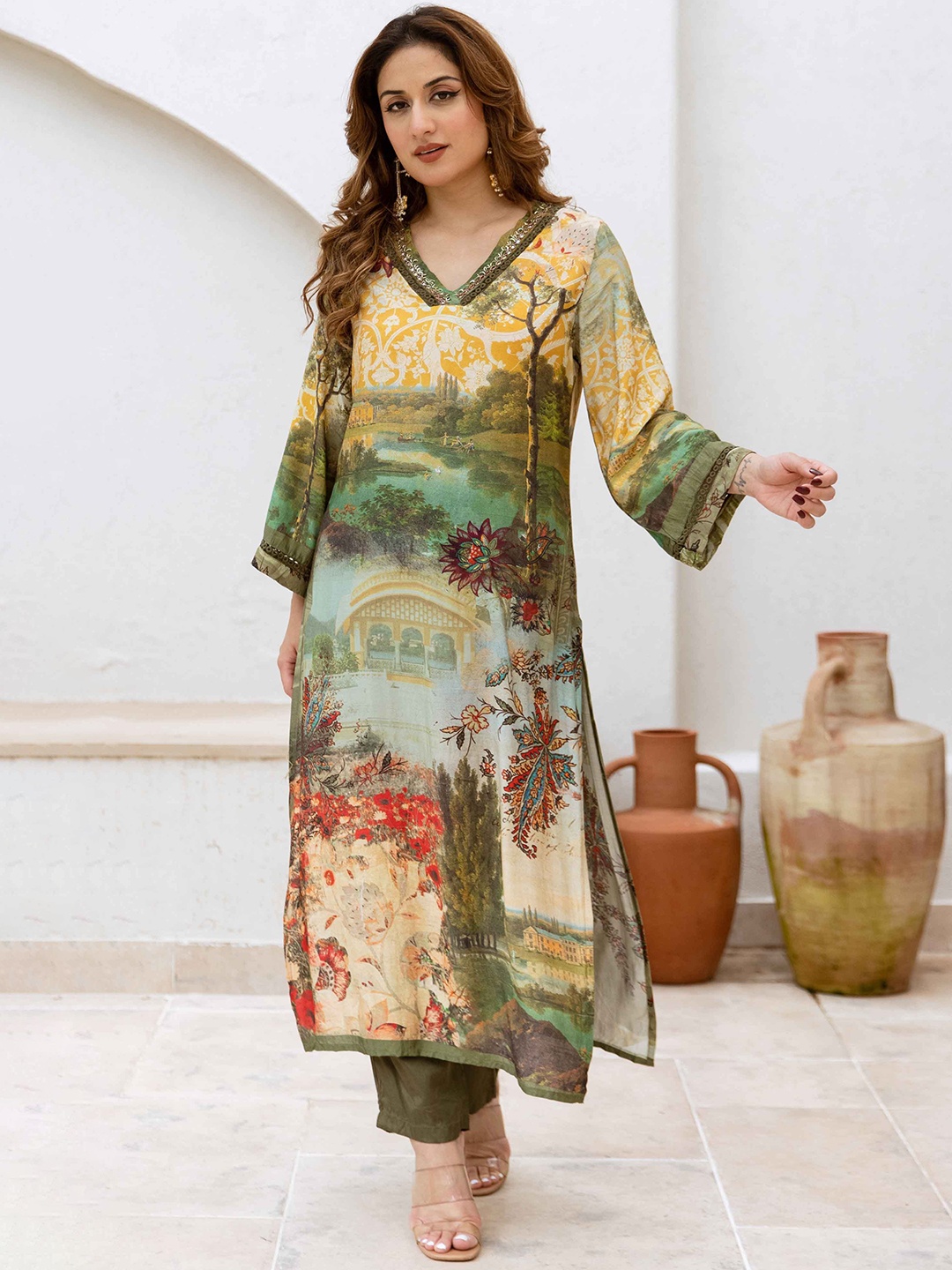 

KALINI Women Printed Regular Sequinned Kurta with Trousers, Yellow
