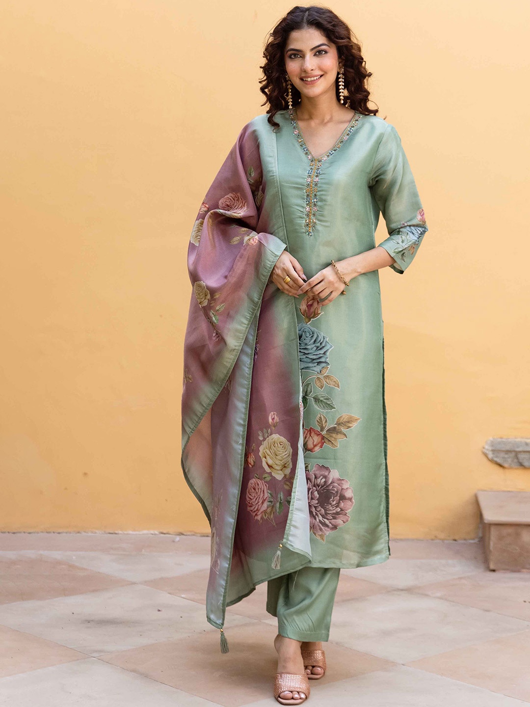 

KALINI Women Floral Embroidered Regular Sequinned Kurta with Trousers & With Dupatta, Green