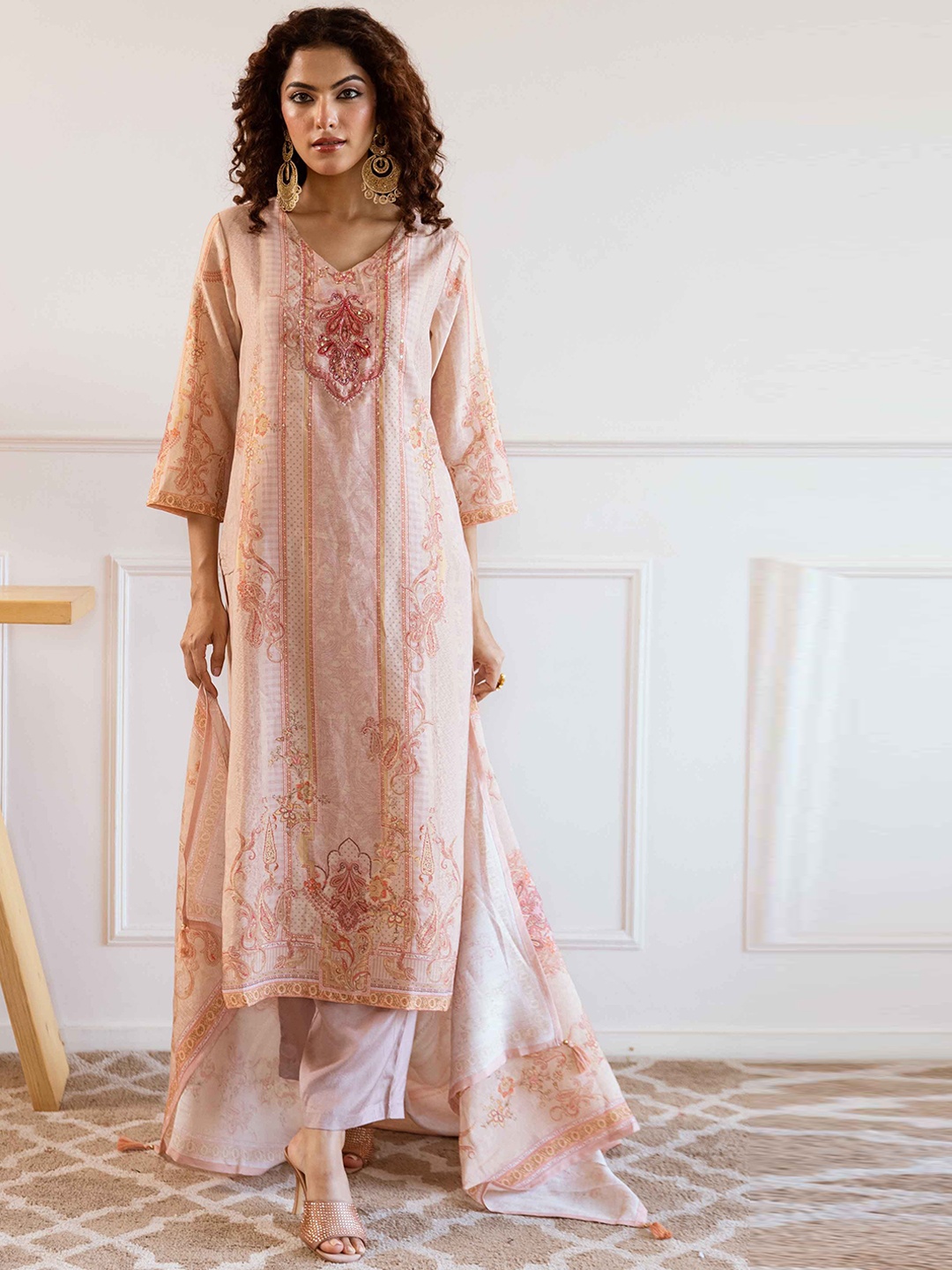 

KALINI Women Floral Embroidered Regular Beads and Stones Kurta with Trousers & With Dupatta, Peach