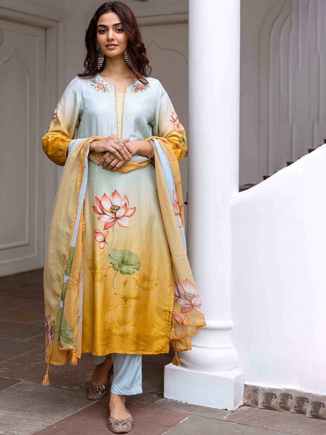 

KALINI Women Floral Printed Regular Sequinned Kurta with Trousers & With Dupatta, Yellow