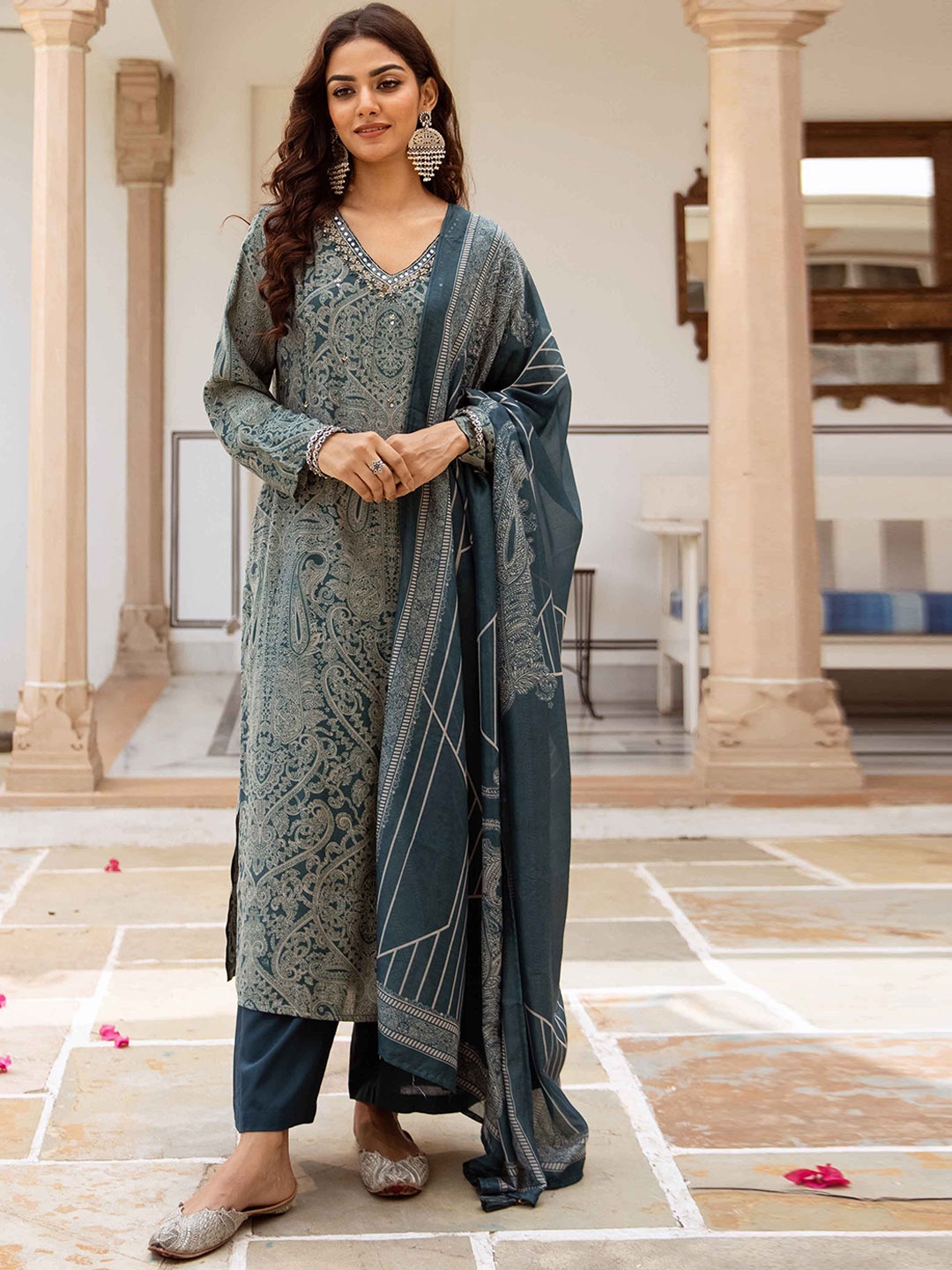 

KALINI Women Paisley Embroidered Regular Mirror Work Kurta with Trousers & With Dupatta, Teal