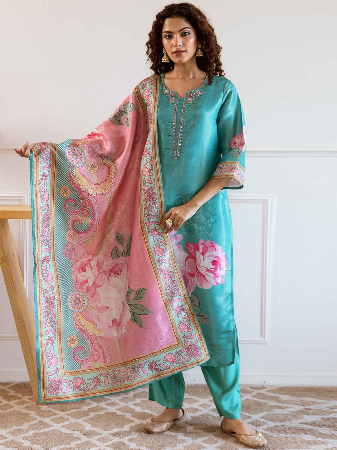 

KALINI Women Floral Printed Regular Sequinned Kurta with Trousers & With Dupatta, Turquoise blue