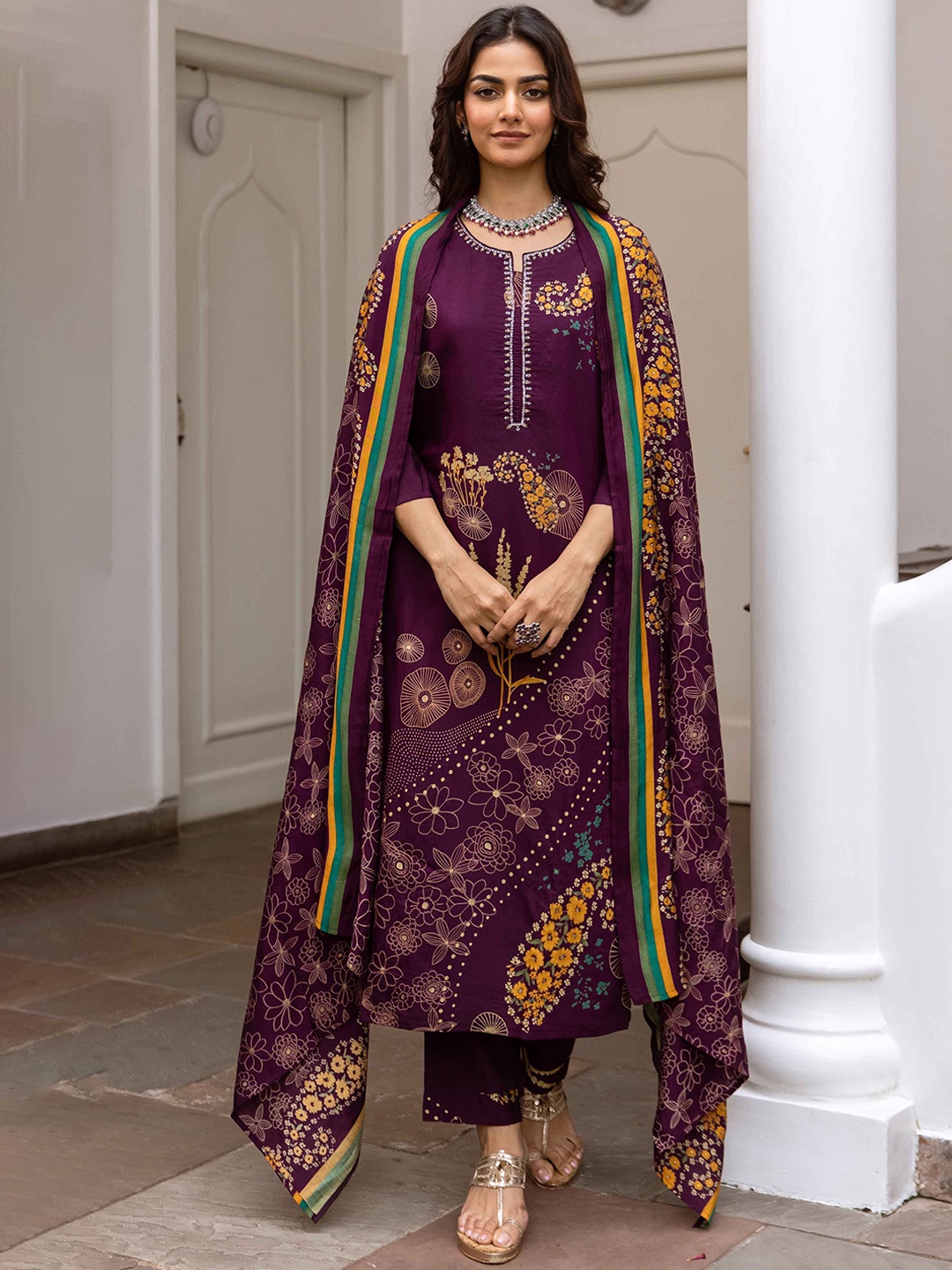 

KALINI Women Floral Printed Regular Beads and Stones Kurta with Trousers & With Dupatta, Purple