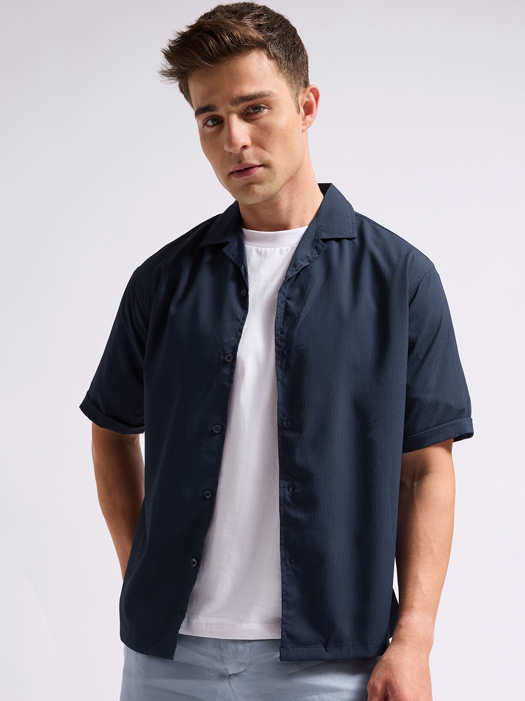 

MISCHIEF MONKEY Men Classic Boxy Opaque Casual Shirt, Navy blue