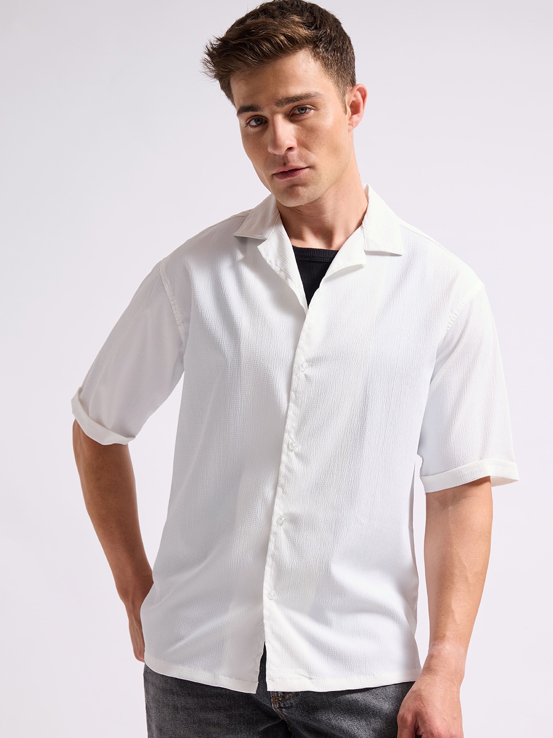 

MISCHIEF MONKEY Men Classic Boxy Opaque Casual Shirt, White