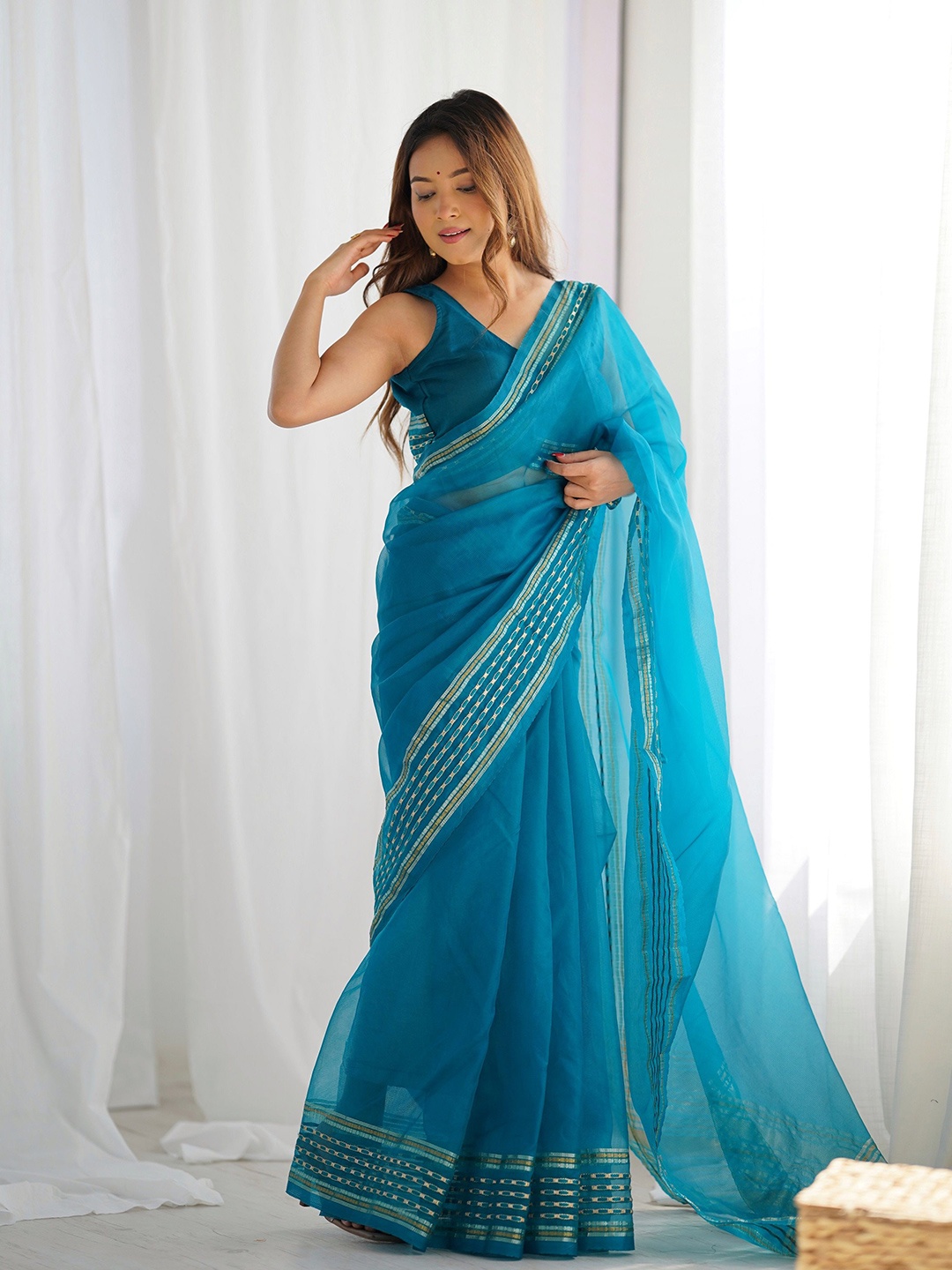 

Ethnic Yard Organza Chanderi Saree, Turquoise blue