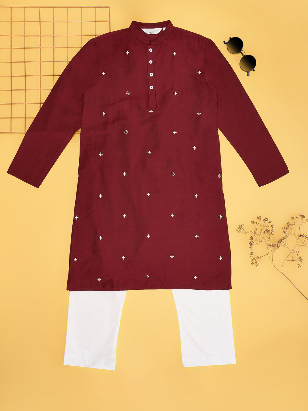 

indus route by Pantaloons Boys Floral Regular Kurta with Pyjamas, Maroon