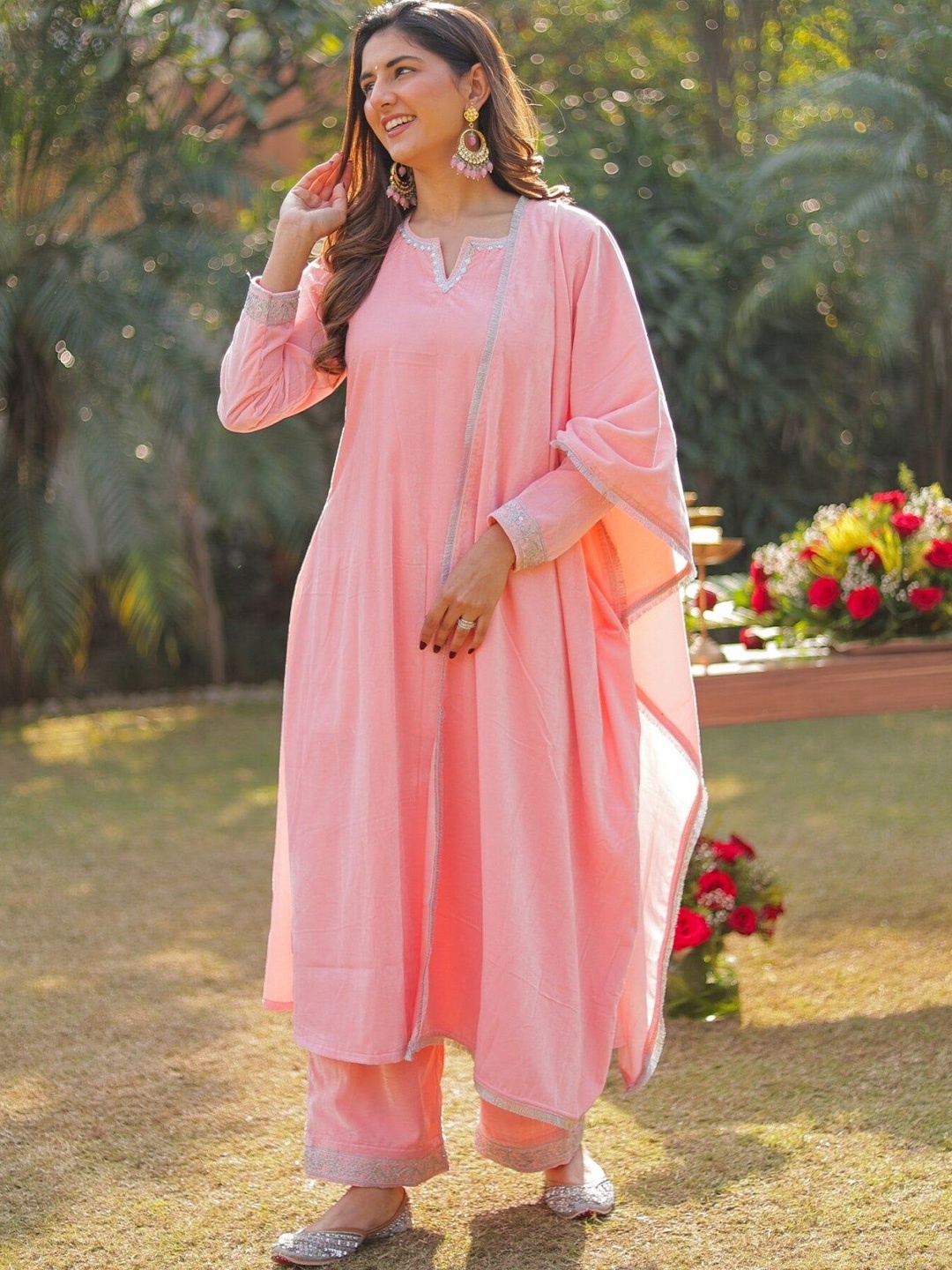 

DIMPLE DESIGN STUDIO Notch Neck Velvet A-Line Kurta with Palazzos & Dupatta, Pink