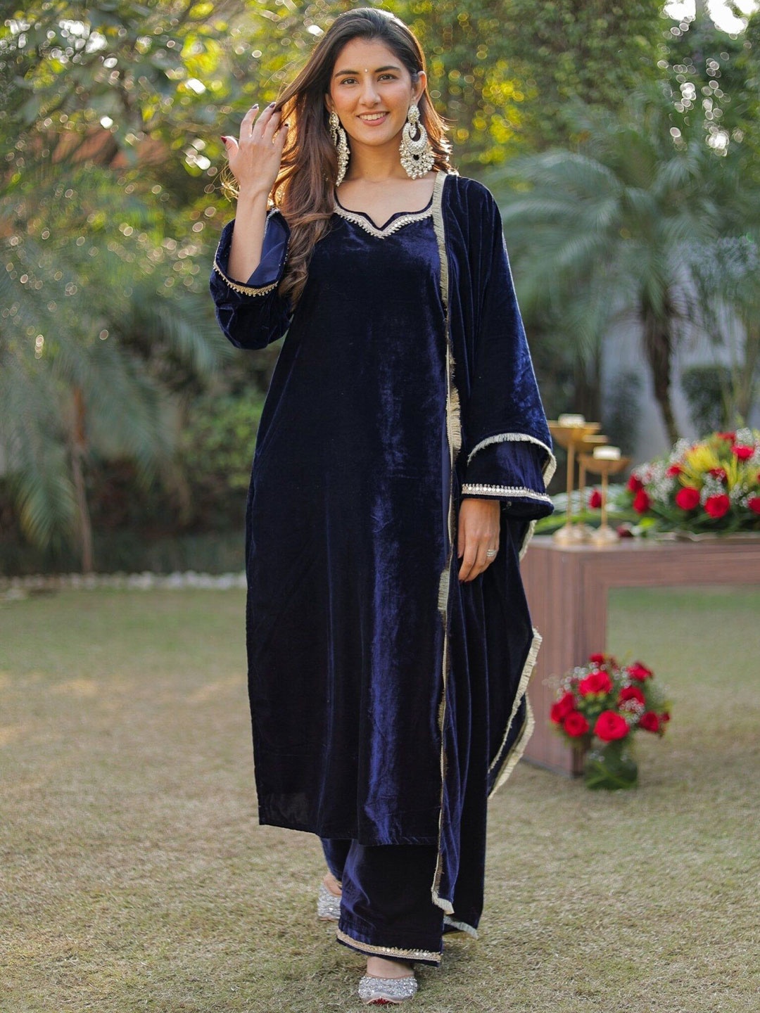

DIMPLE DESIGN STUDIO Women Embroidered Sequinned Velvet Kurta with Palazzos & Dupatta, Blue