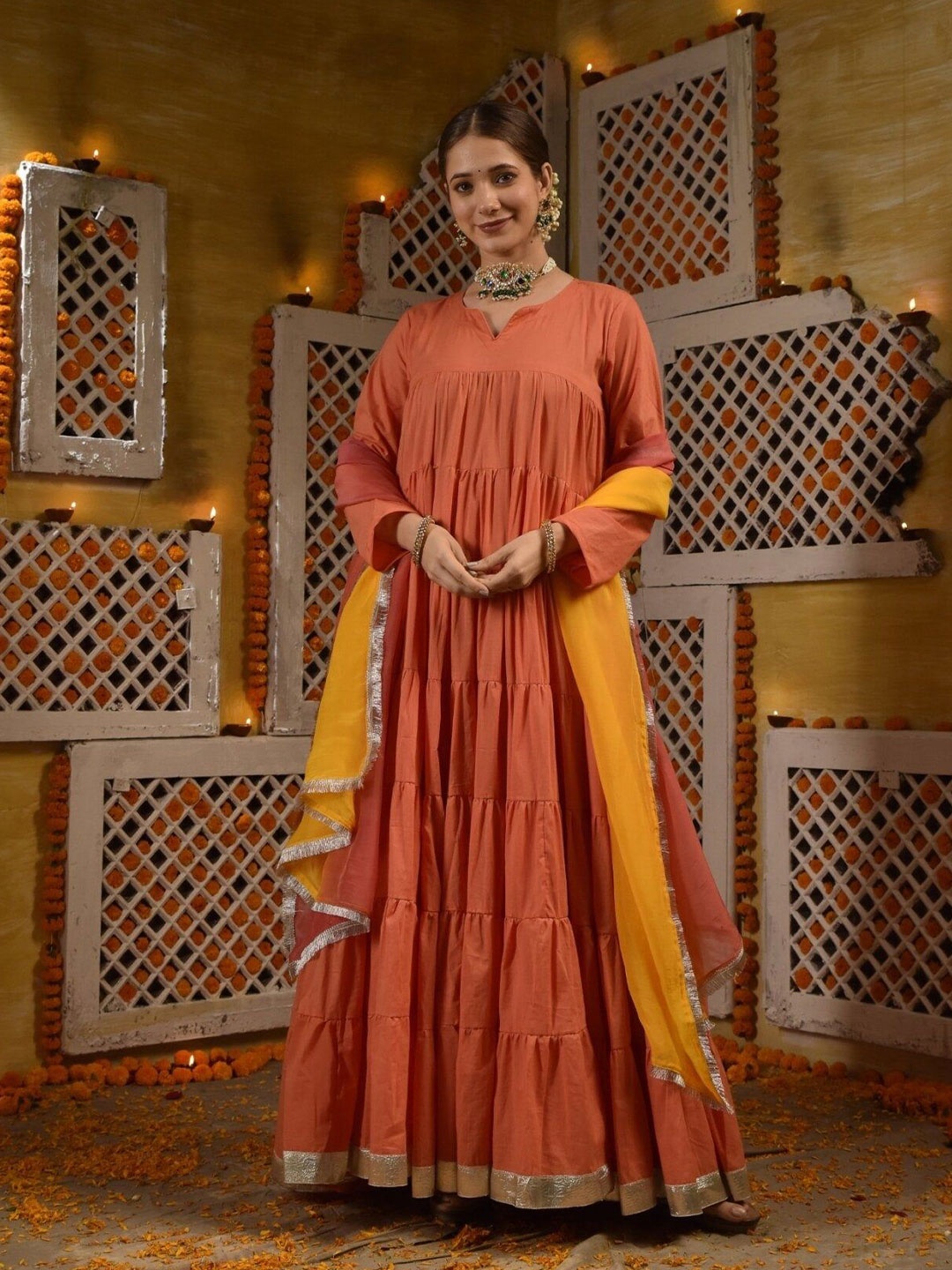 

DIMPLE DESIGN STUDIO Layered Pure Cotton Anarkali Kurta with Trousers & Dupatta, Peach