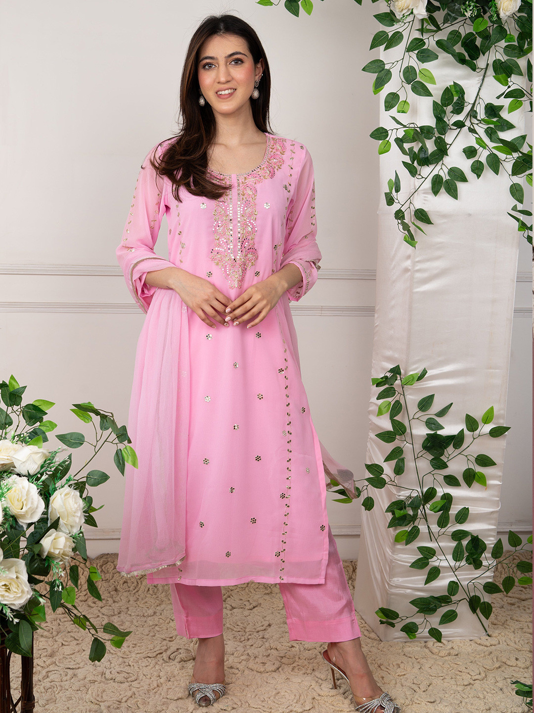 

DIMPLE DESIGN STUDIO Women Floral Embroidered Sequinned Kurta with Trousers & Dupatta, Pink
