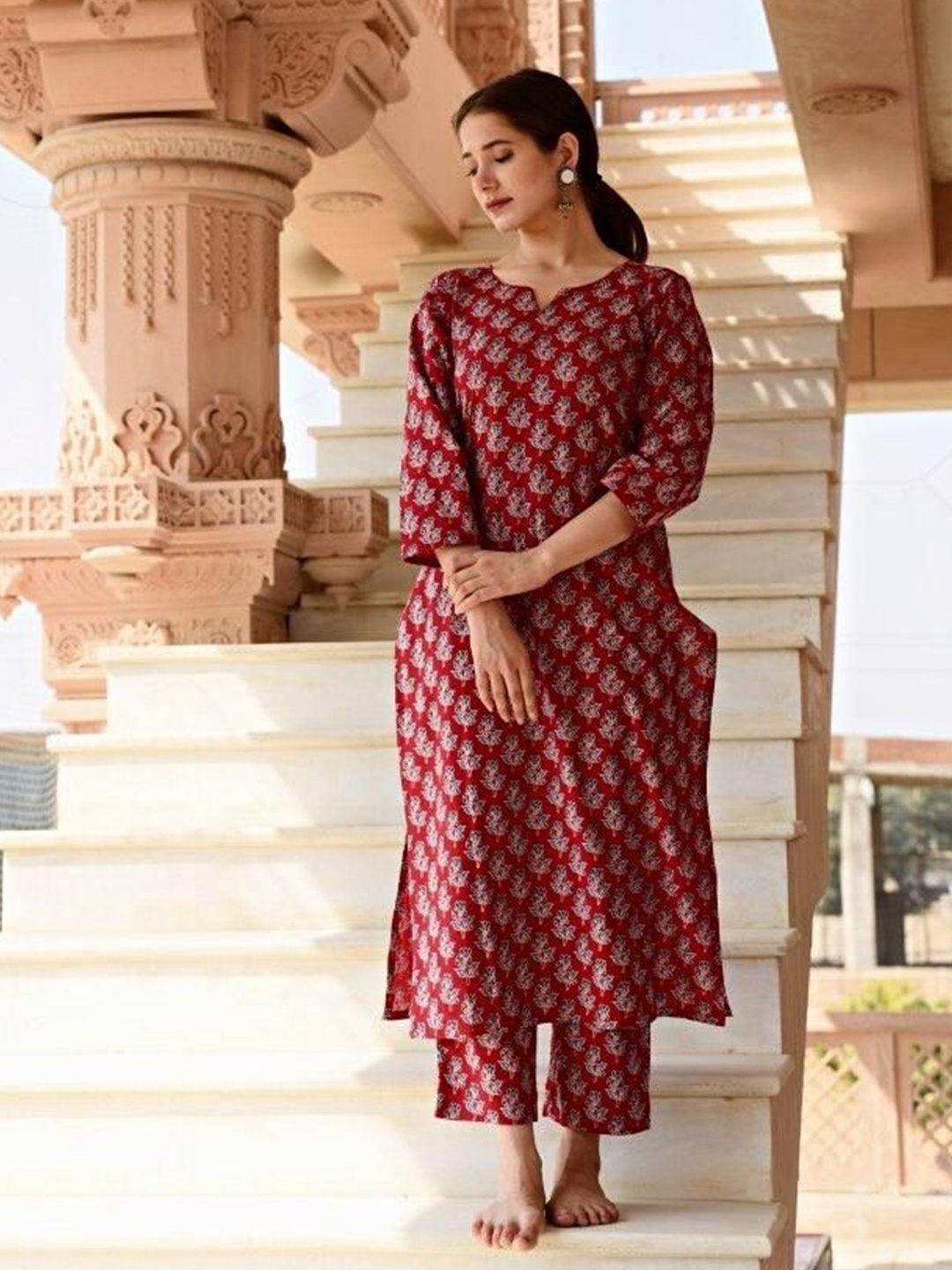 

DIMPLE DESIGN STUDIO Floral Printed Pure Cotton A Line Kurta with Salwar & Dupatta, Maroon