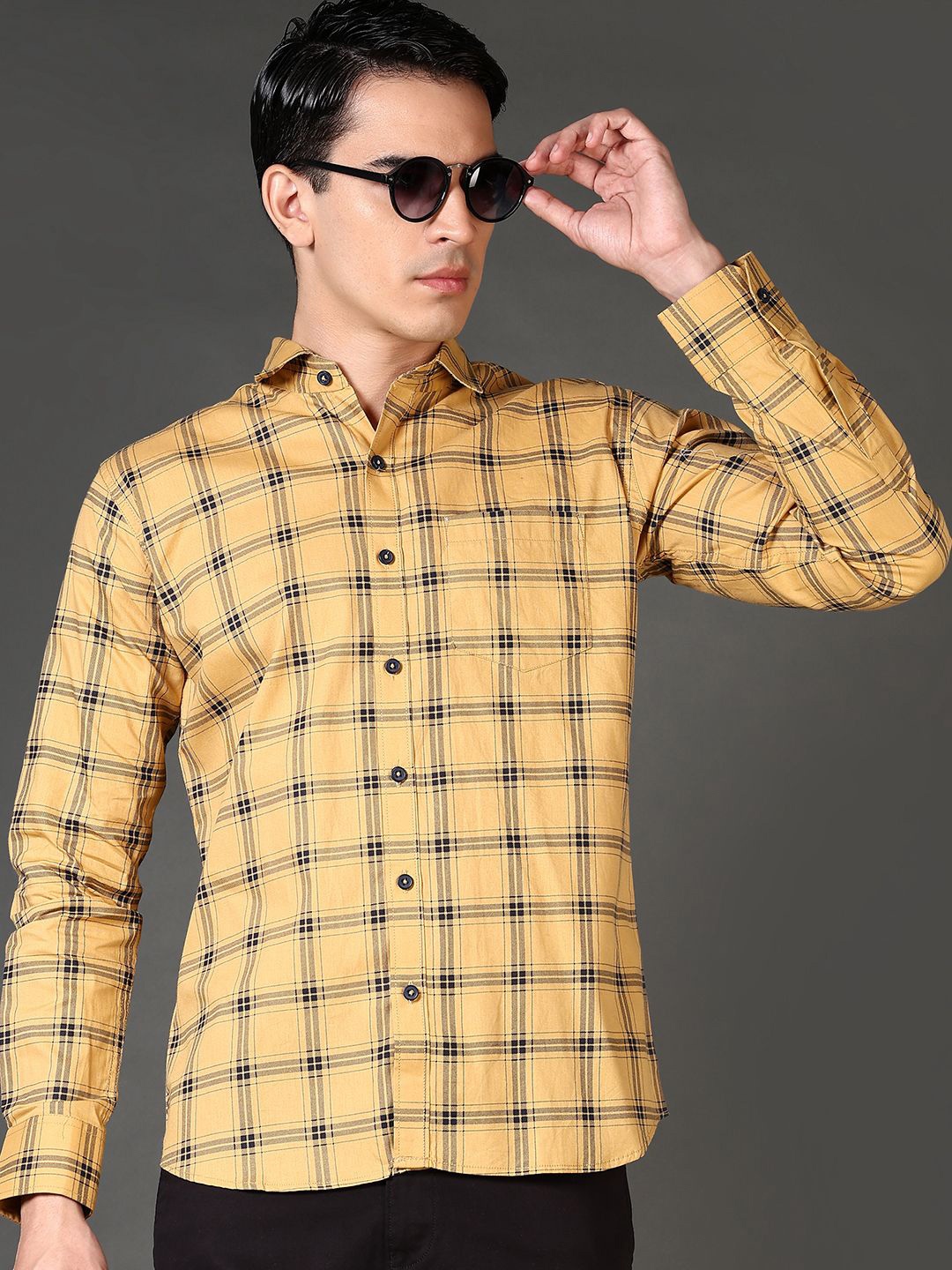 

V-Mart Men Tartan Checks Opaque Printed Formal Shirt, Mustard