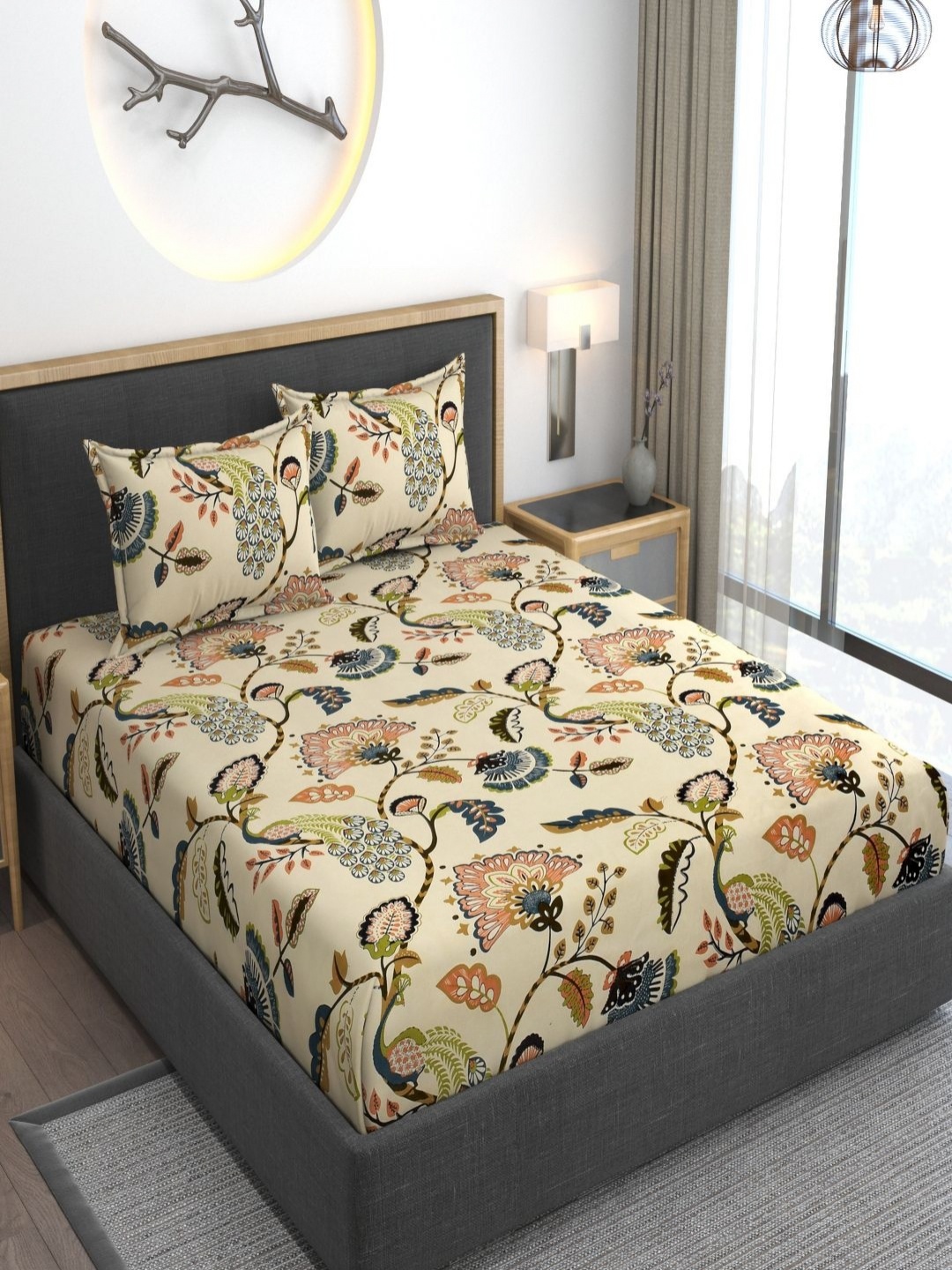 

AMEYAA Beige & Black Floral 300 TC King Bedsheet with 2 Pillow Covers