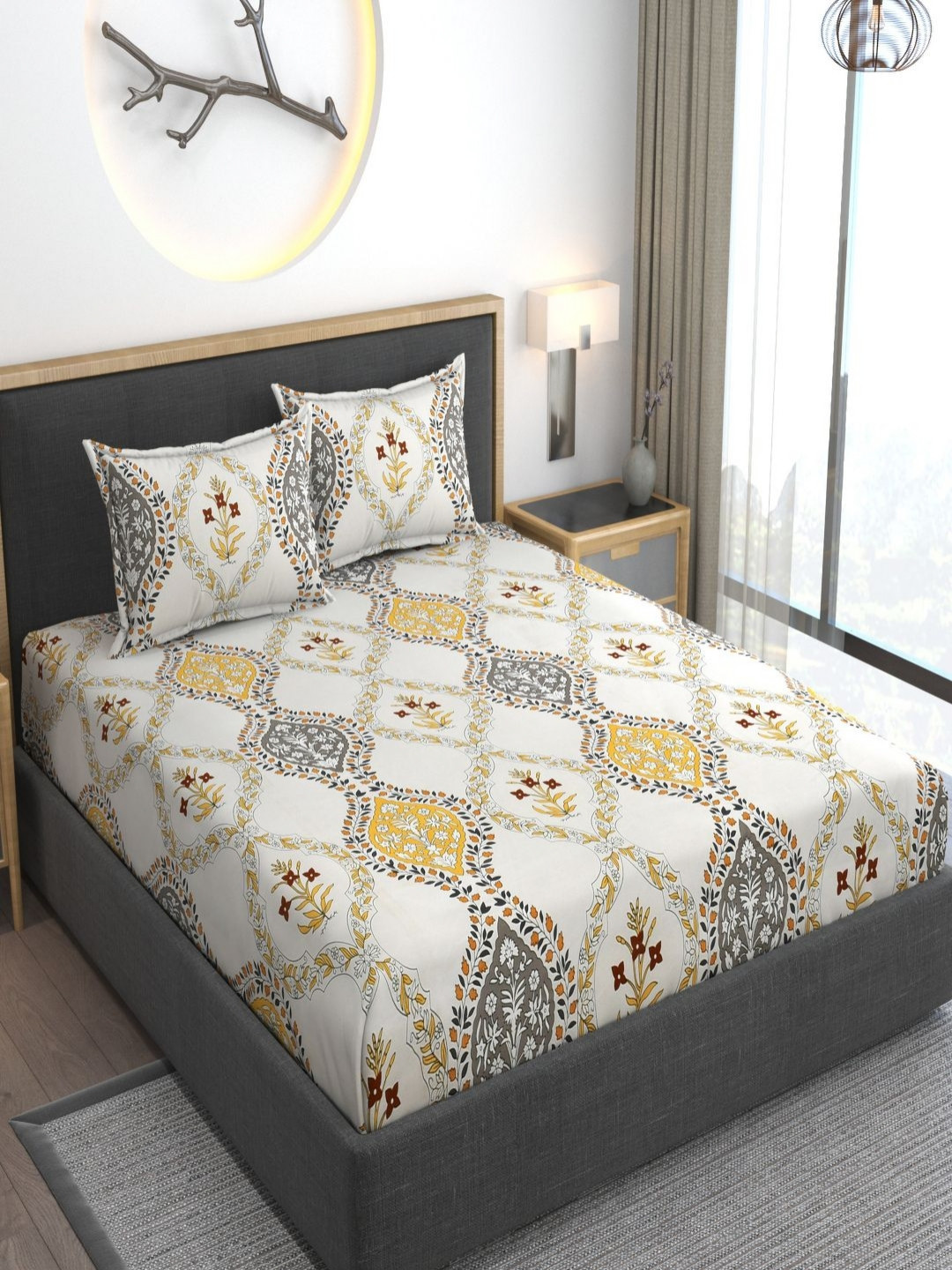 

AMEYAA White & Yellow Floral 300 TC King Bedsheet with 2 Pillow Covers