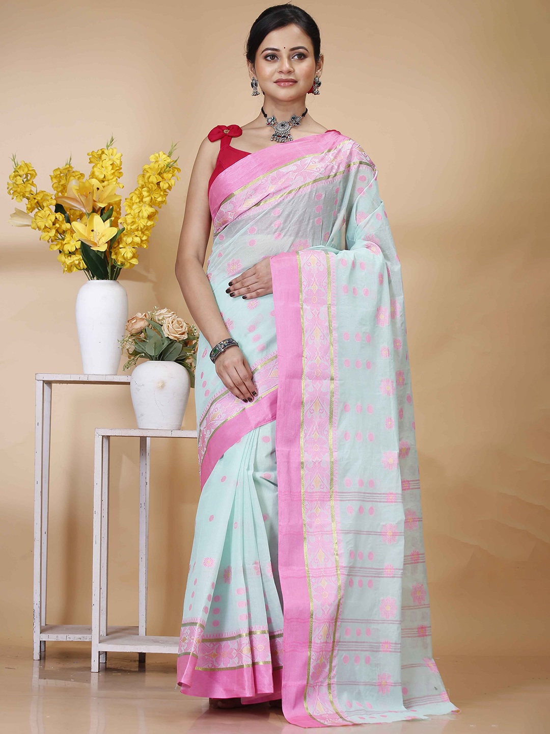 

Ruuprekha Woven Design Pure Cotton Fusion Taant Saree, Blue