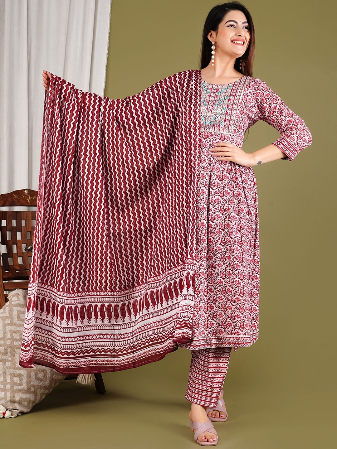 

Aarti Fashion Women Ethnic Motifs Printed Regular Mirror Work Kurta with Trousers & With Dupatta, Maroon