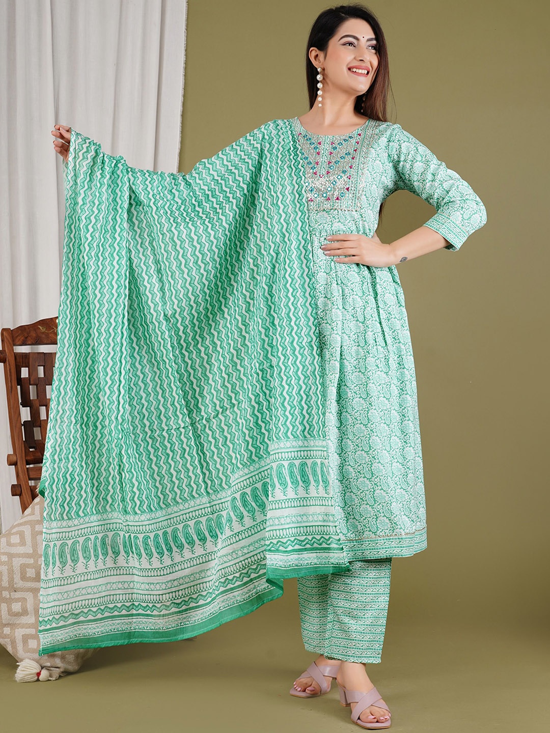 

Aarti Fashion Women Floral Embroidered Regular Mirror Work Kurta with Trousers & With Dupatta, Green