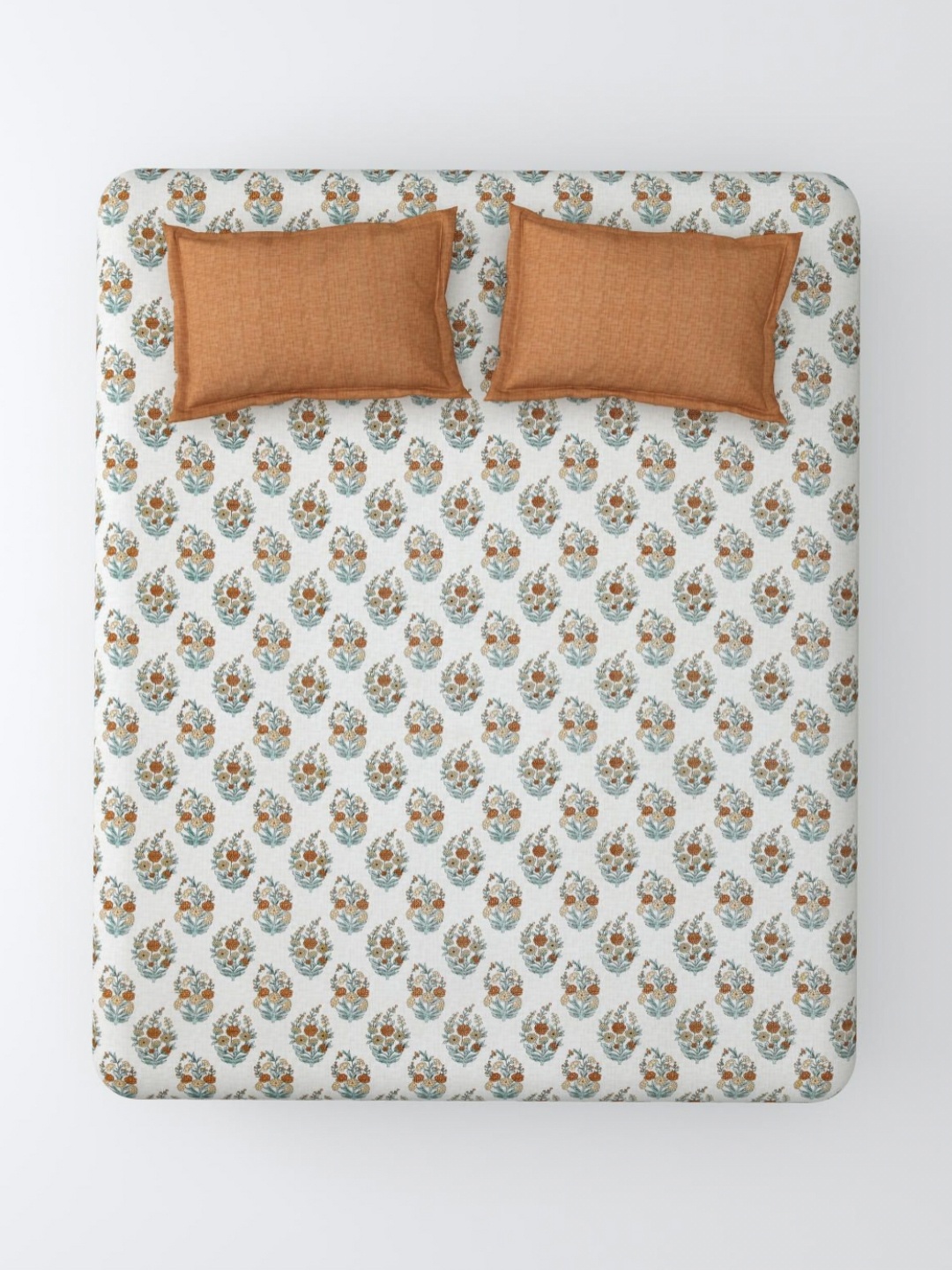 Aura Brown & Blue Floral 120 TC King Bedsheet with 2 Pillow Covers