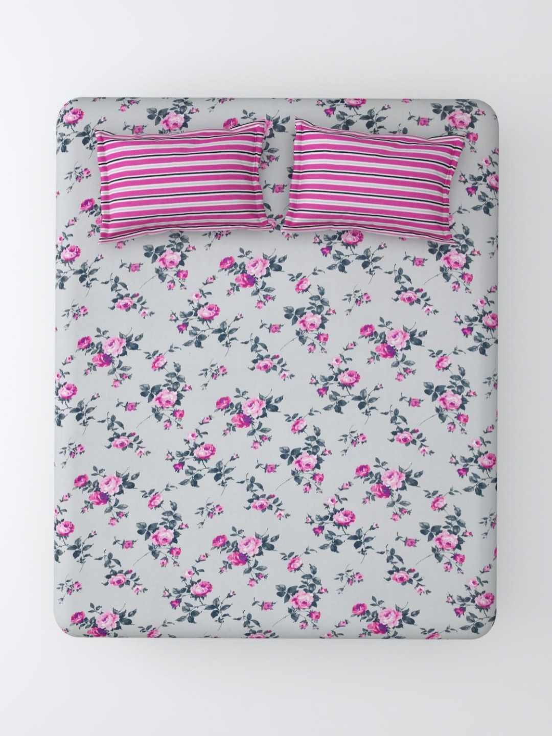 

Aura Pink & Grey Floral 120 TC King Bedsheet with 2 Pillow Covers