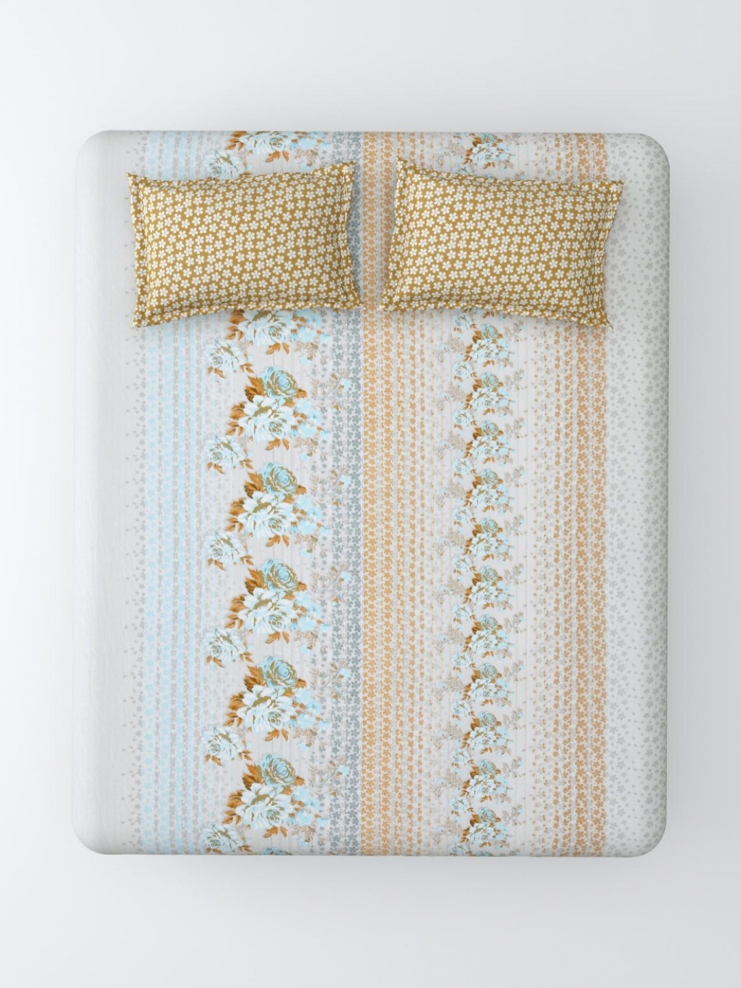 Aura Blue & Brown Floral 120 TC King Bedsheet with 2 Pillow Covers