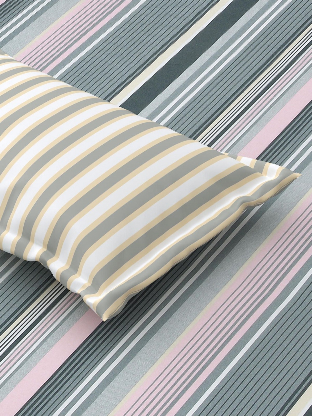 Aura Grey & Pink Striped 120 TC King Bedsheet with 2 Pillow Covers