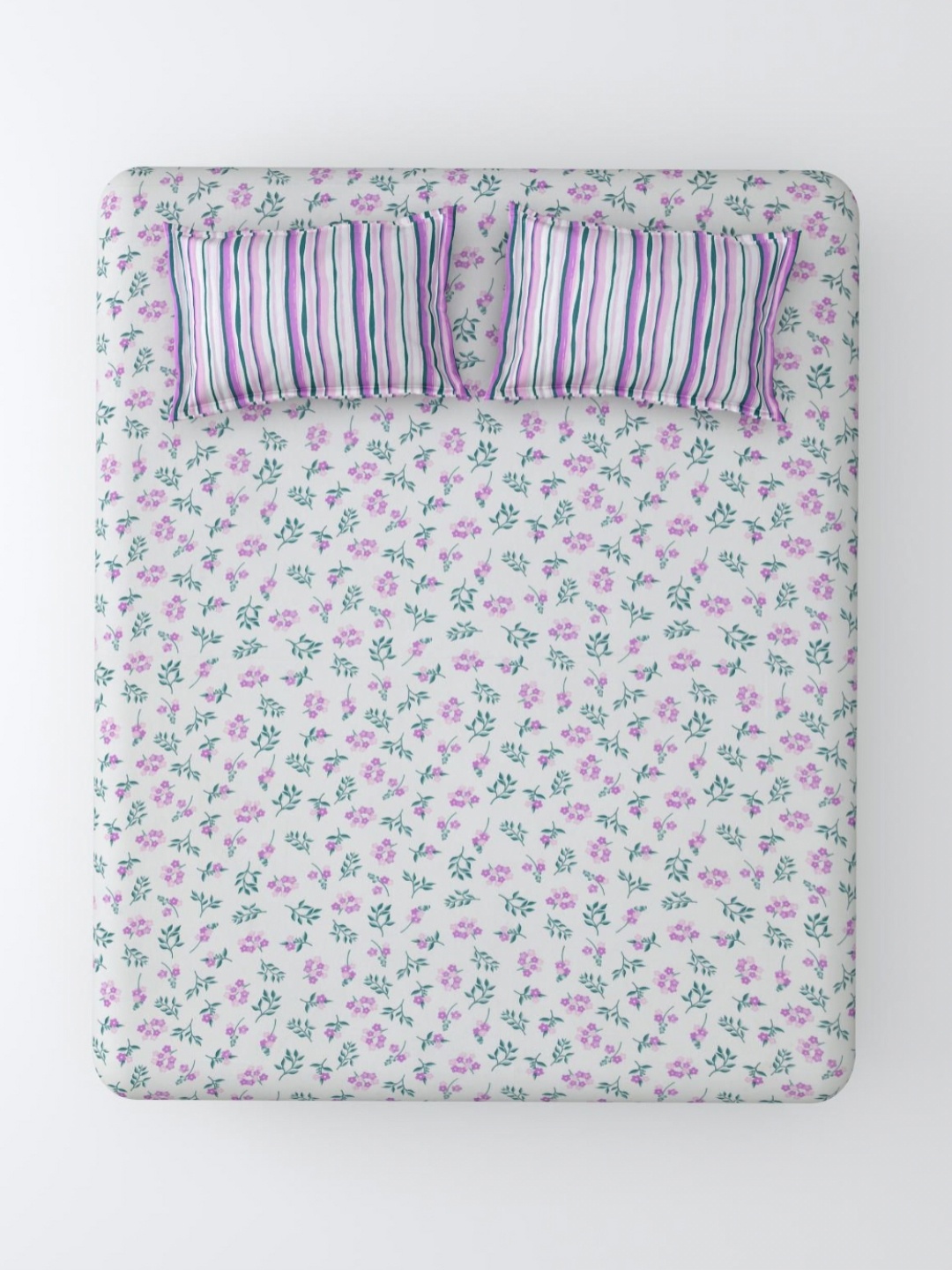 Aura White & Purple Floral 120 TC King Bedsheet with 2 Pillow Covers