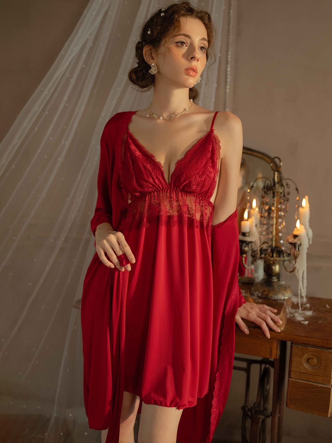 

Ms.Lingies Satin Baby Doll With Robe & Brief, Red