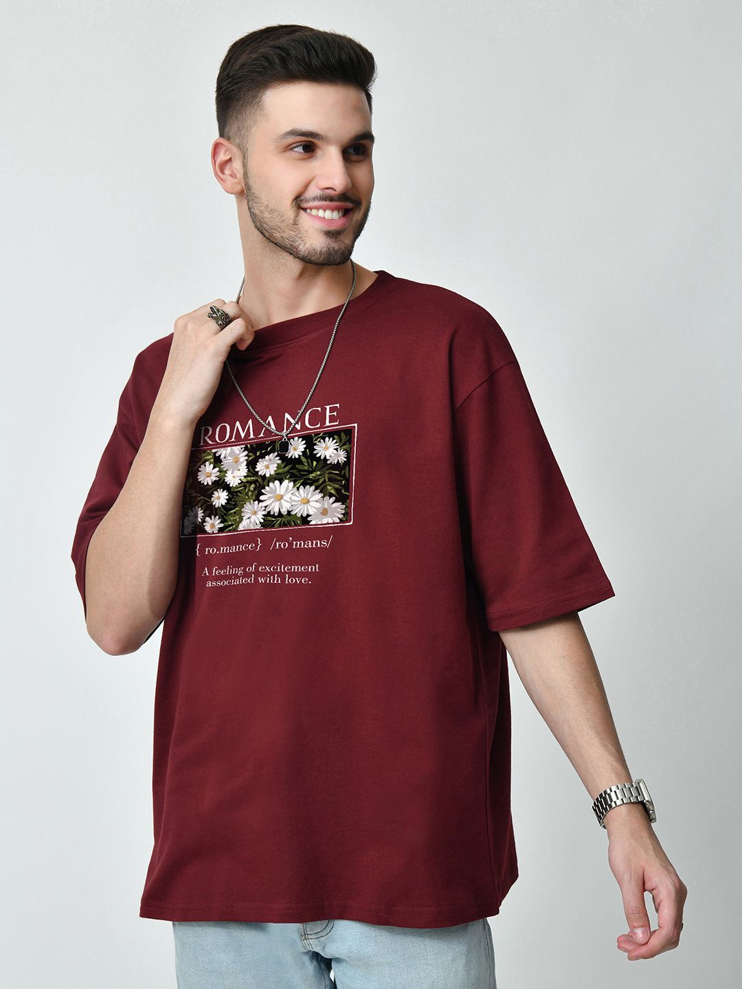 

EKSDEE Men Floral Printed Round Neck Cotton Oversized T-shirt, Burgundy