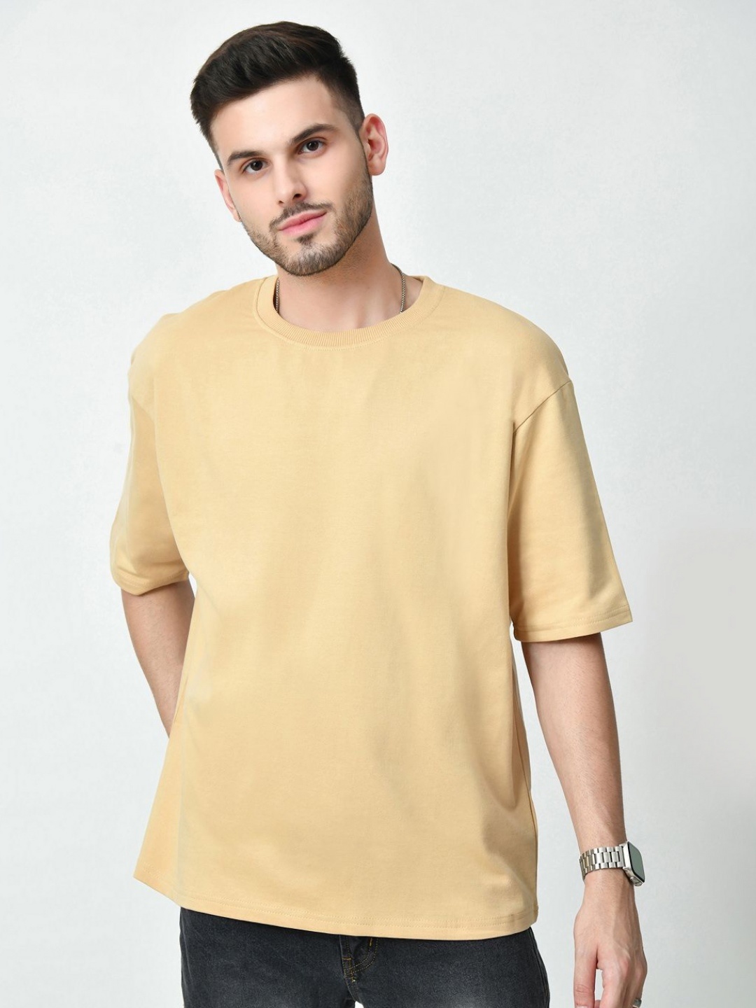 

EKSDEE Men Solid Round Neck Cotton Oversized T-shirt, Beige