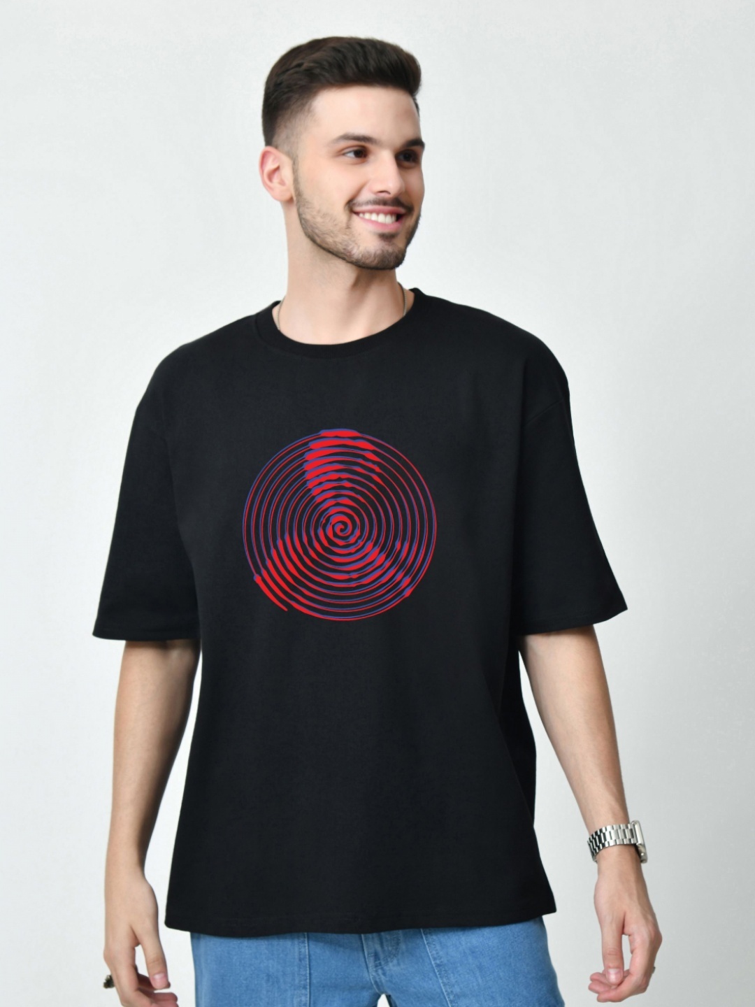 

EKSDEE Men Abstract Printed Round Neck Cotton Oversized T-shirt, Black