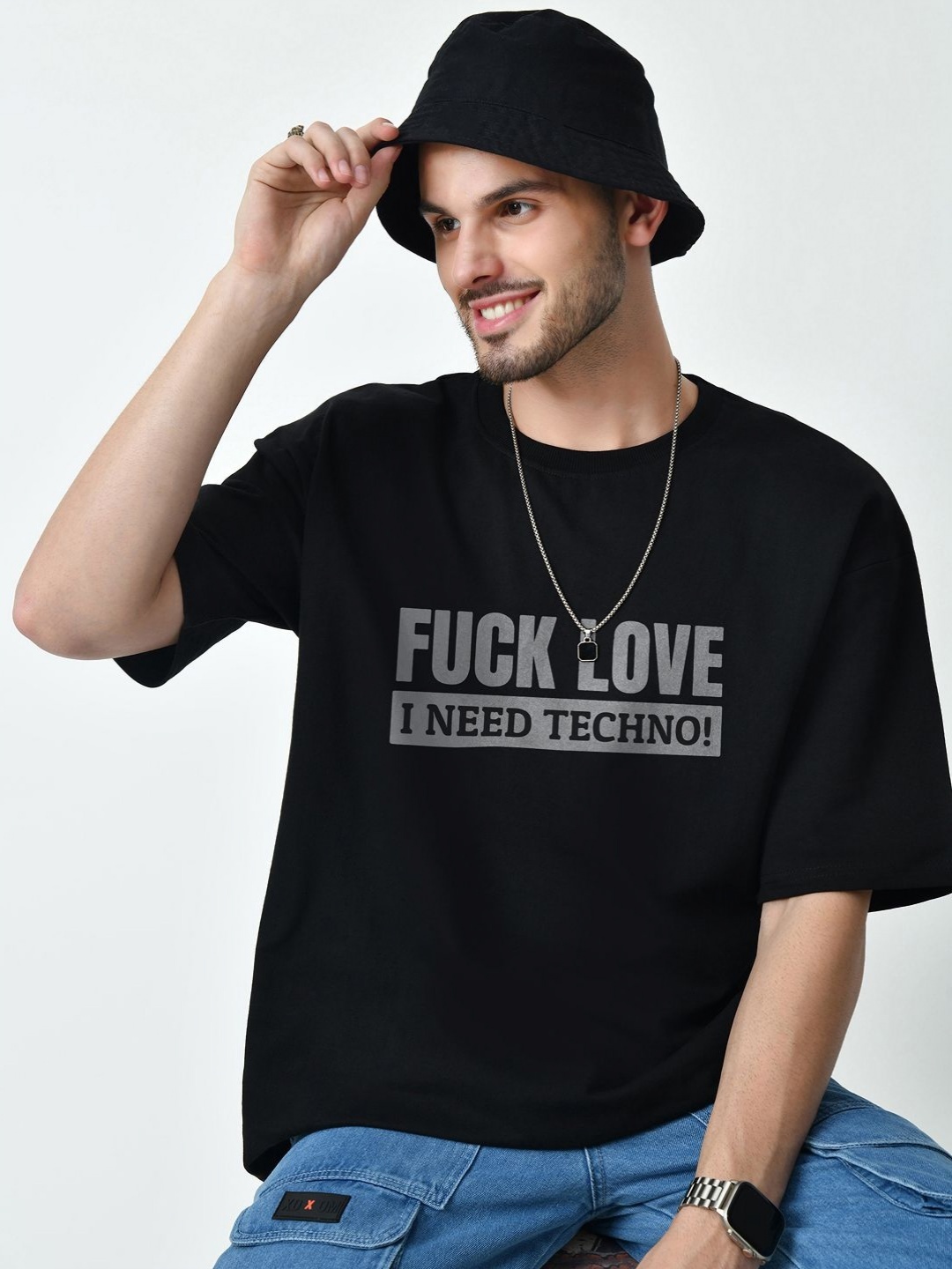 

EKSDEE Men Typography Printed Round Neck Cotton Oversized T-shirt, Black