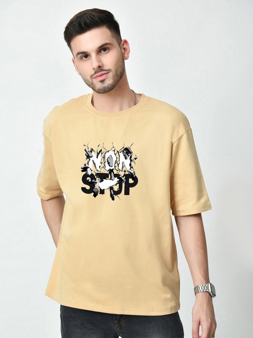 

EKSDEE Men Graphic Printed Round Neck Cotton Relaxed Fit T-shirt, Beige