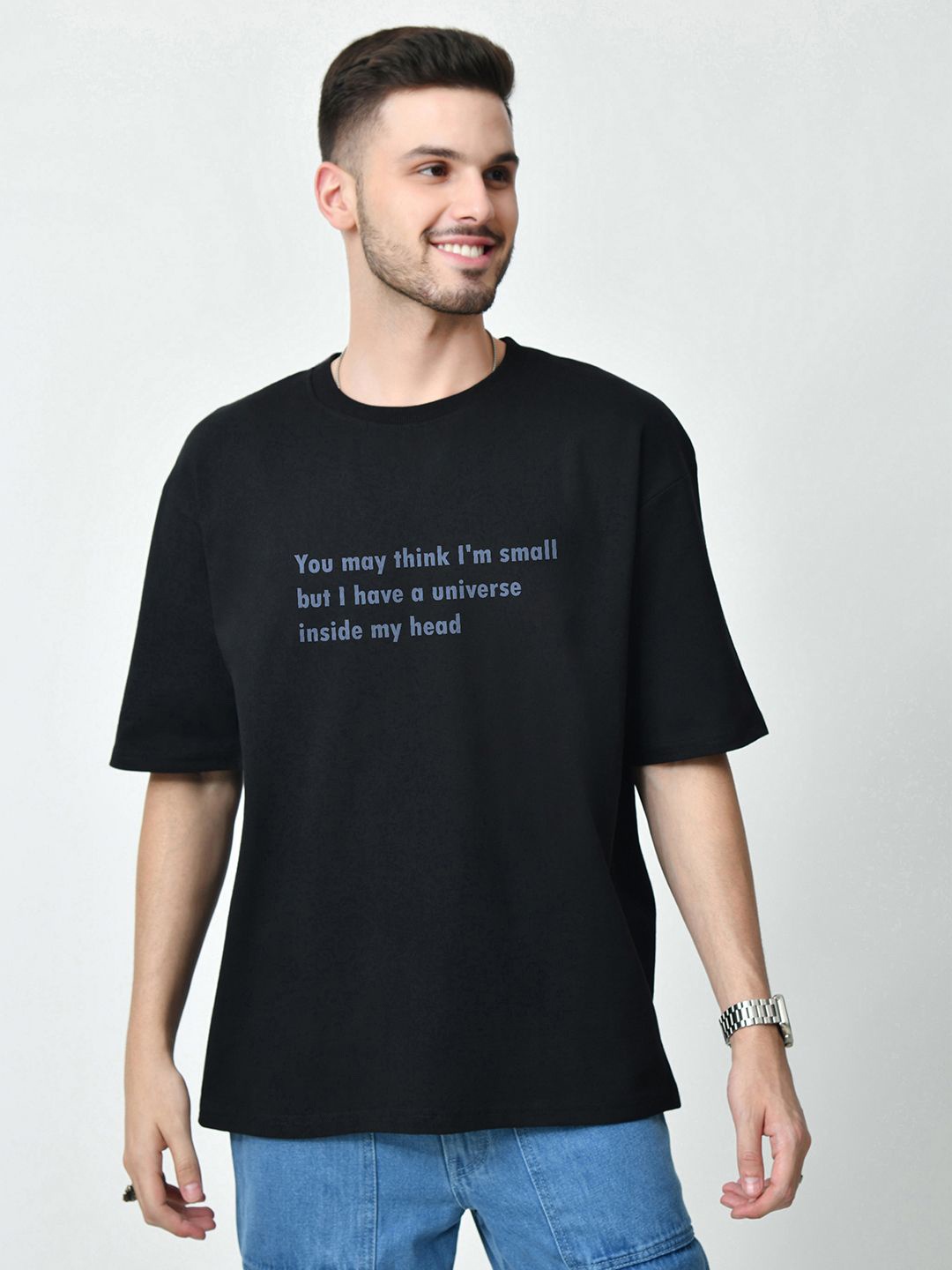 

EKSDEE Men Typography Printed Round Neck Cotton Oversized T-shirt, Black