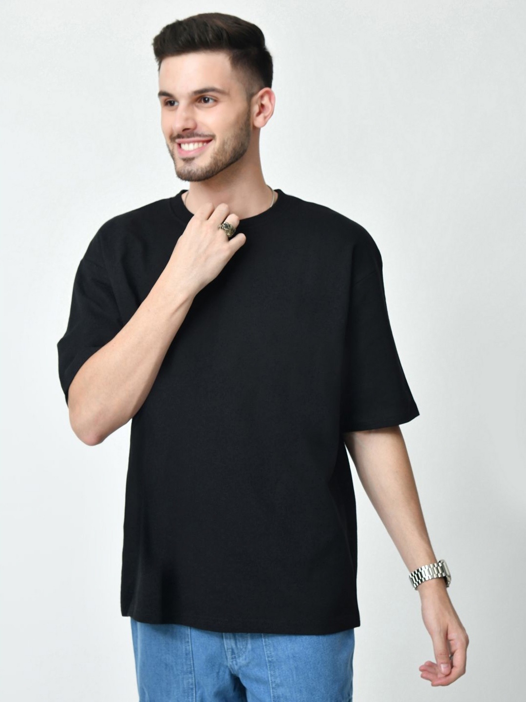 

EKSDEE Men Graphic Printed Round Neck Cotton Oversized T-shirt, Black