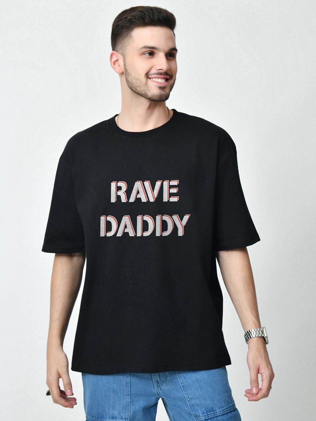 

EKSDEE Men Typography Printed Round Neck Cotton Oversized T-shirt, Black