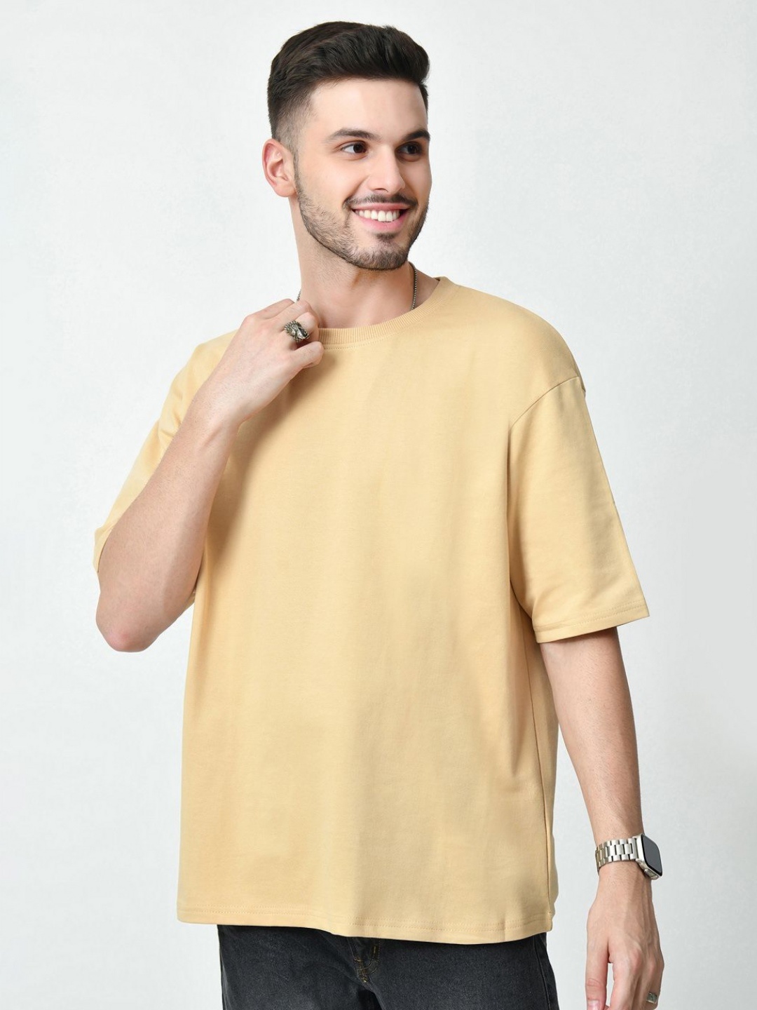 

EKSDEE Men Solid Round Neck Cotton Oversized T-shirt, Beige