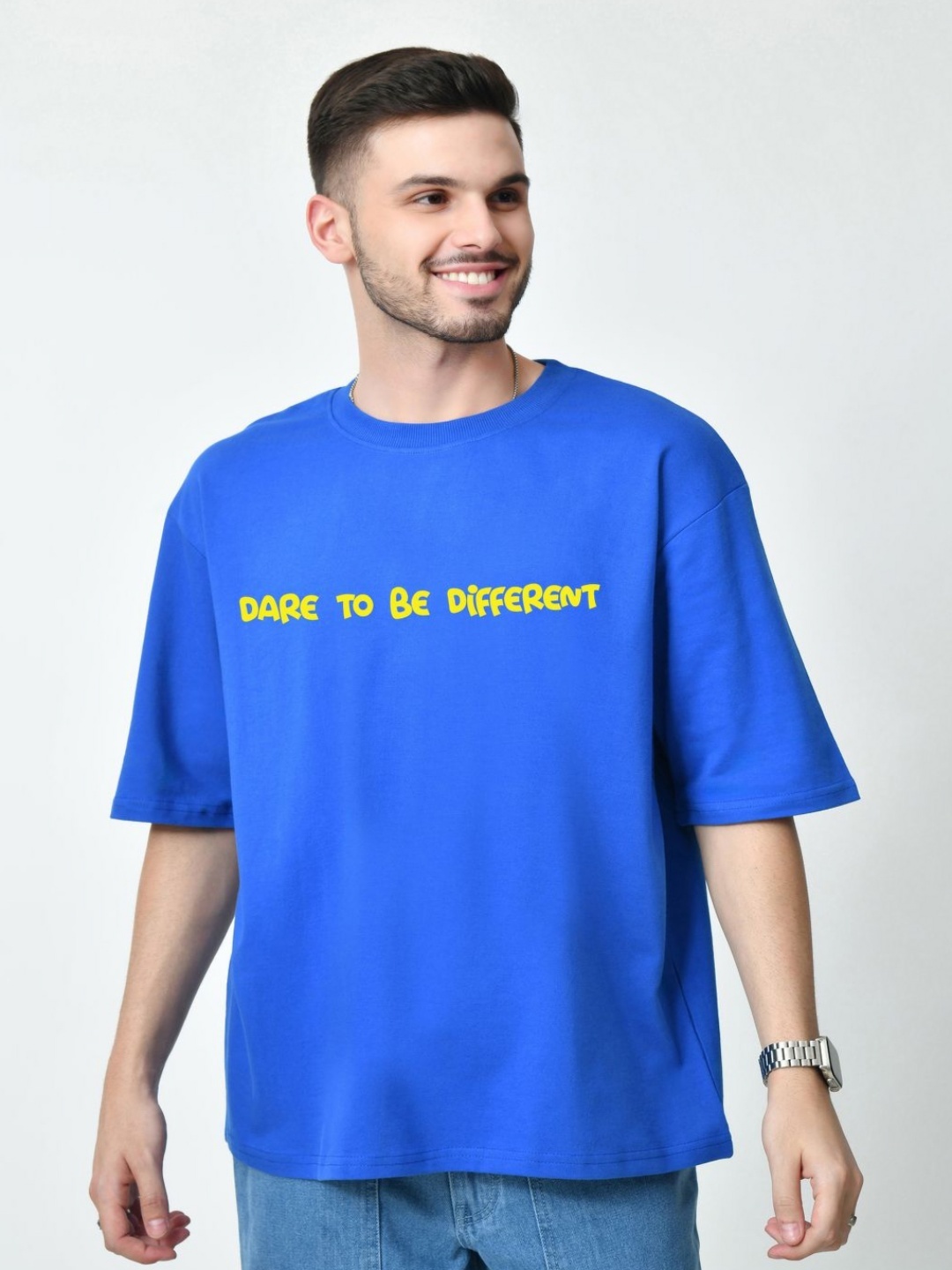 

EKSDEE Men Typography Printed Round Neck Cotton Oversized T-shirt, Blue