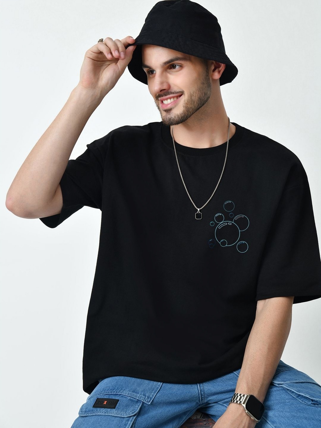 

EKSDEE Graphic Printed Round Neck Cotton Oversized T-shirt, Black